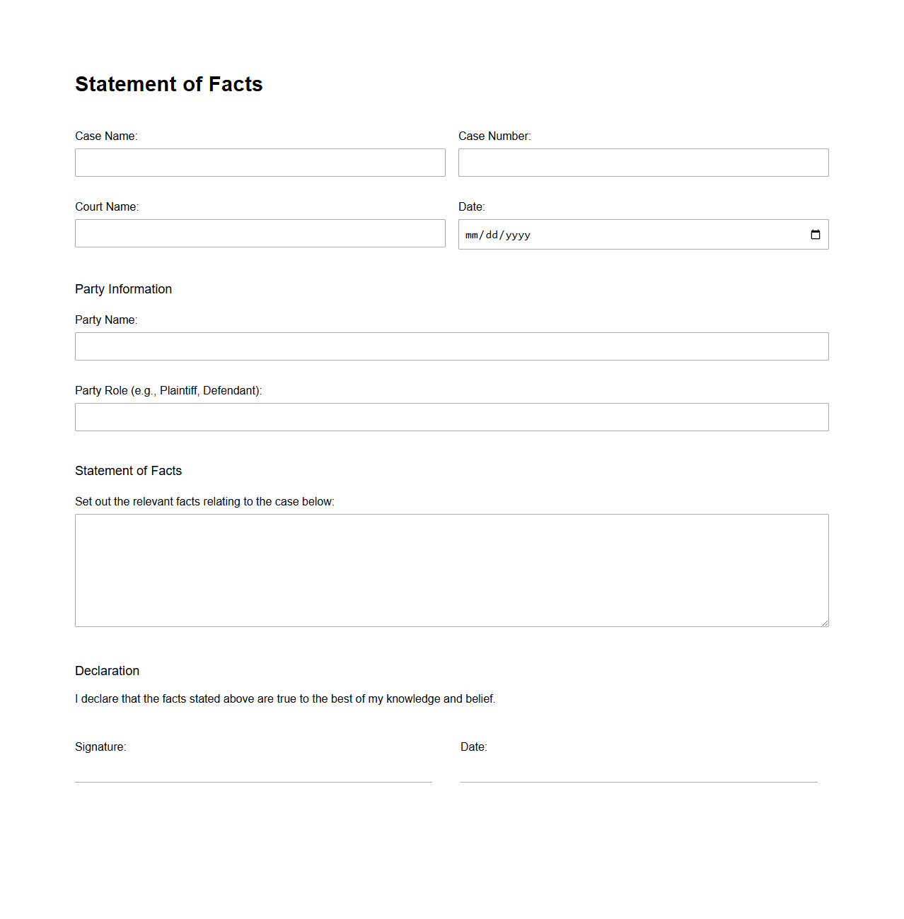 Blank Statement of Facts Form for Legal Proceedings