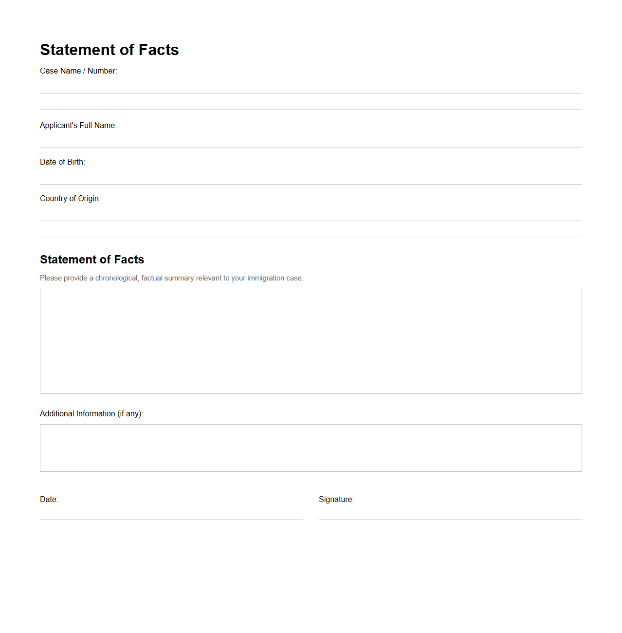 Blank Statement of Facts Format for Immigration Cases