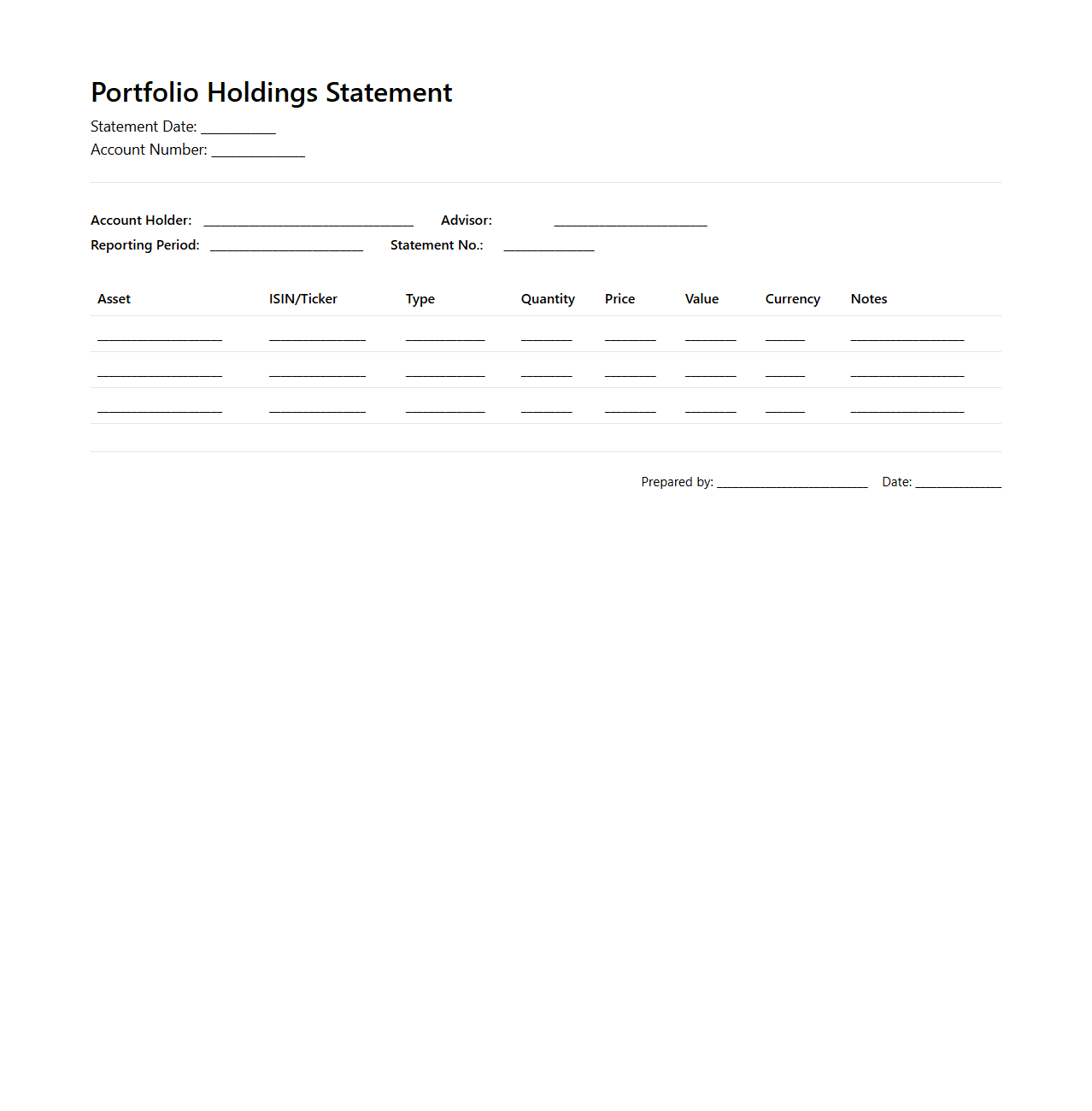 Blank Statement Template for Portfolio Holdings