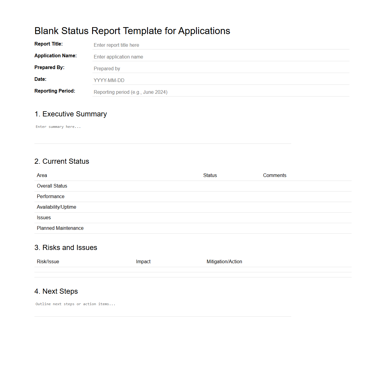 Blank Status Report Template for Applications
