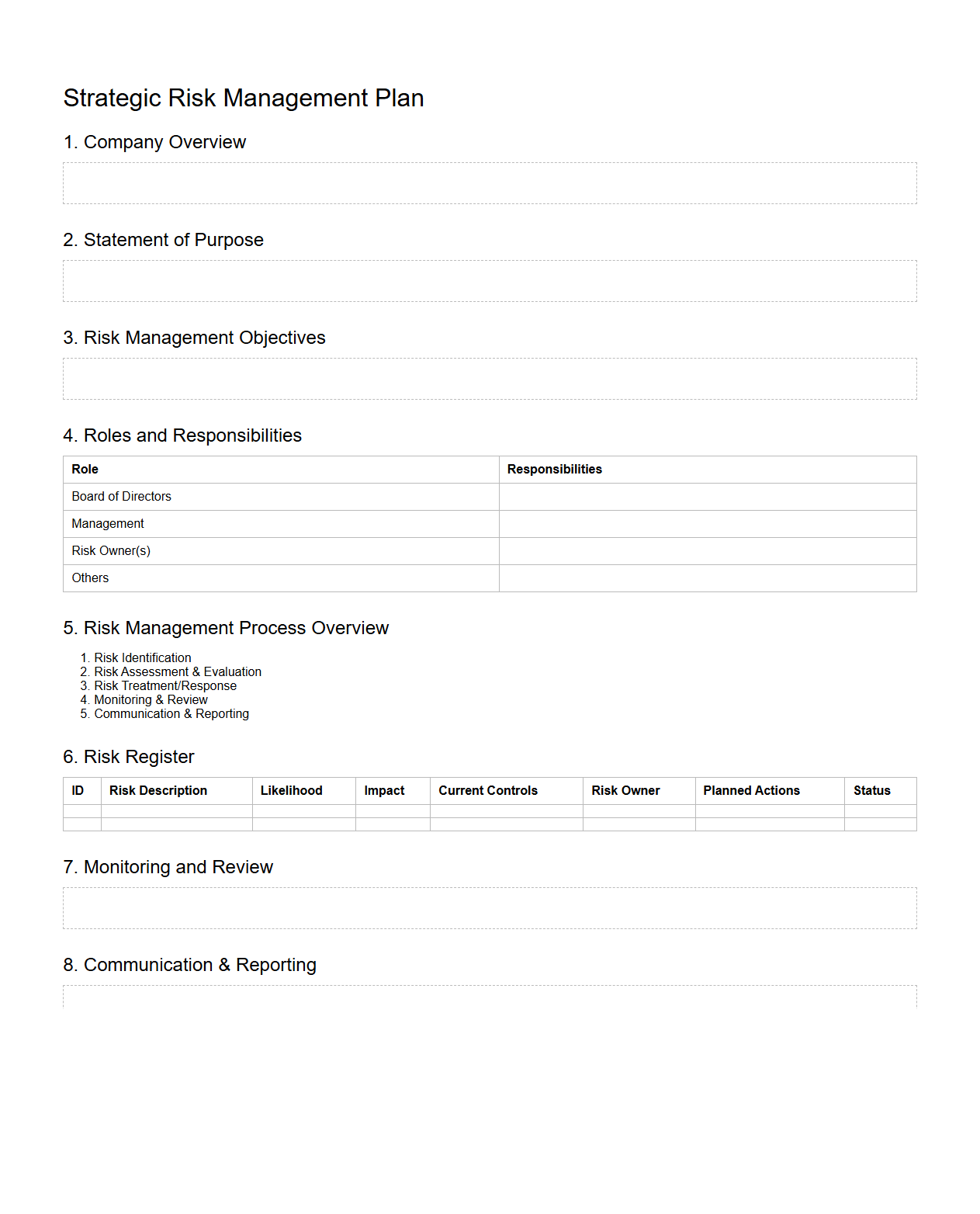 Blank Strategic Risk Management Plan Template for Companies