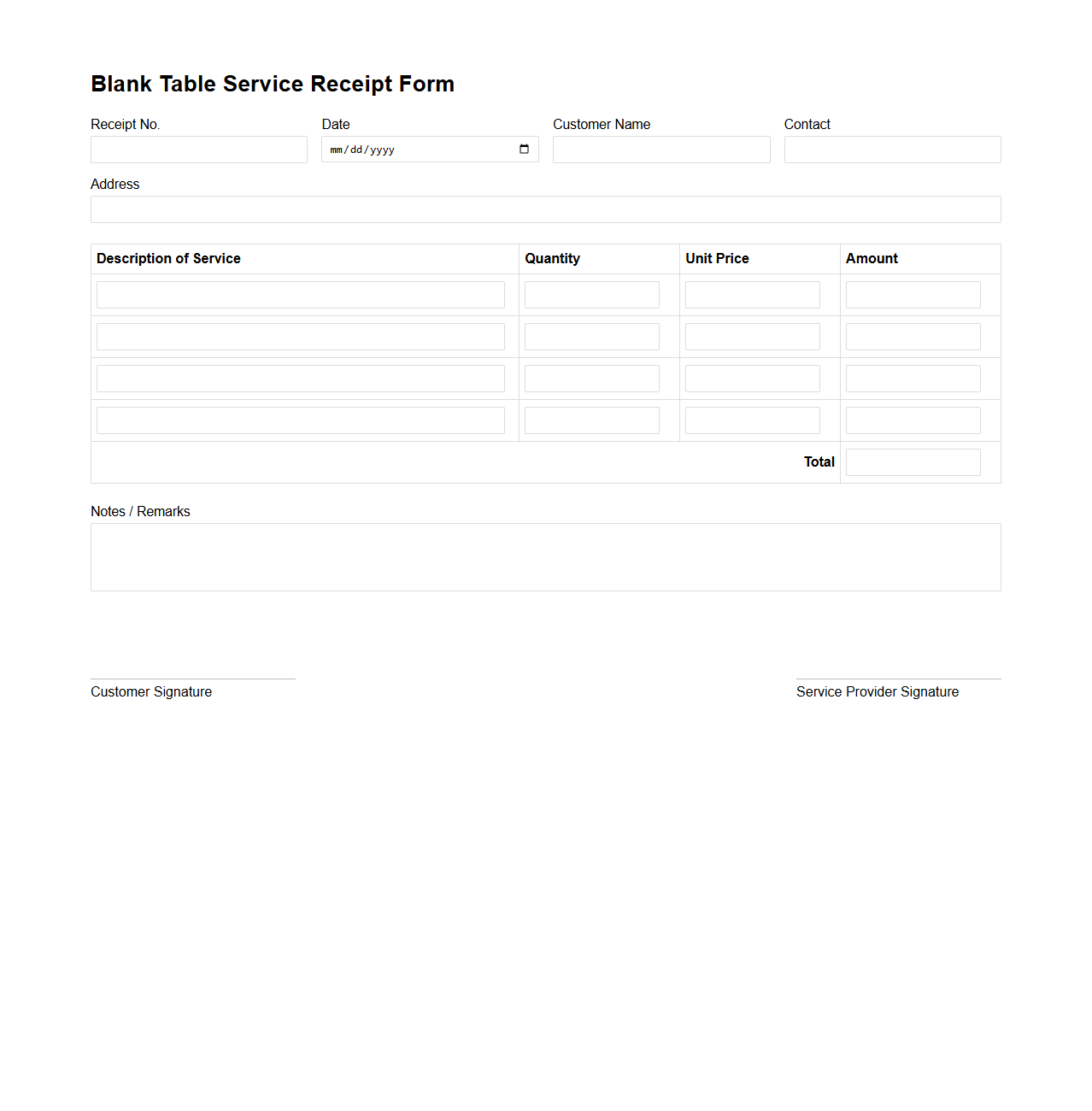 Blank Table Service Receipt Form
