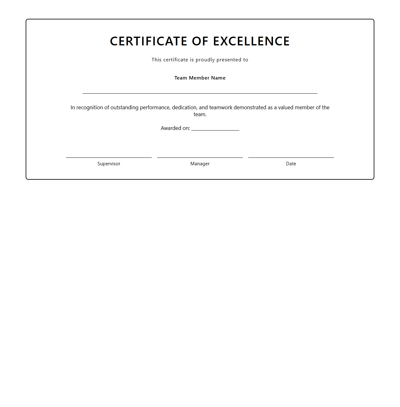 Blank Team Member Excellence Certificate Template
