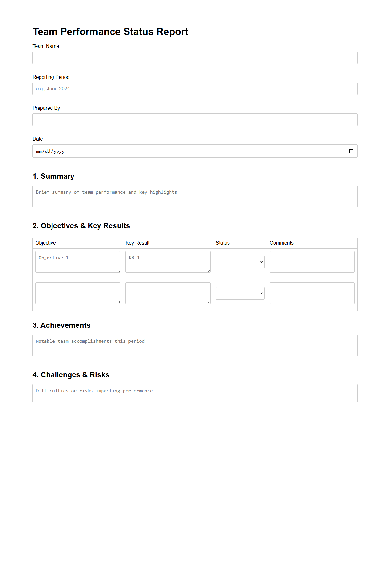 Blank Team Performance Status Report Template