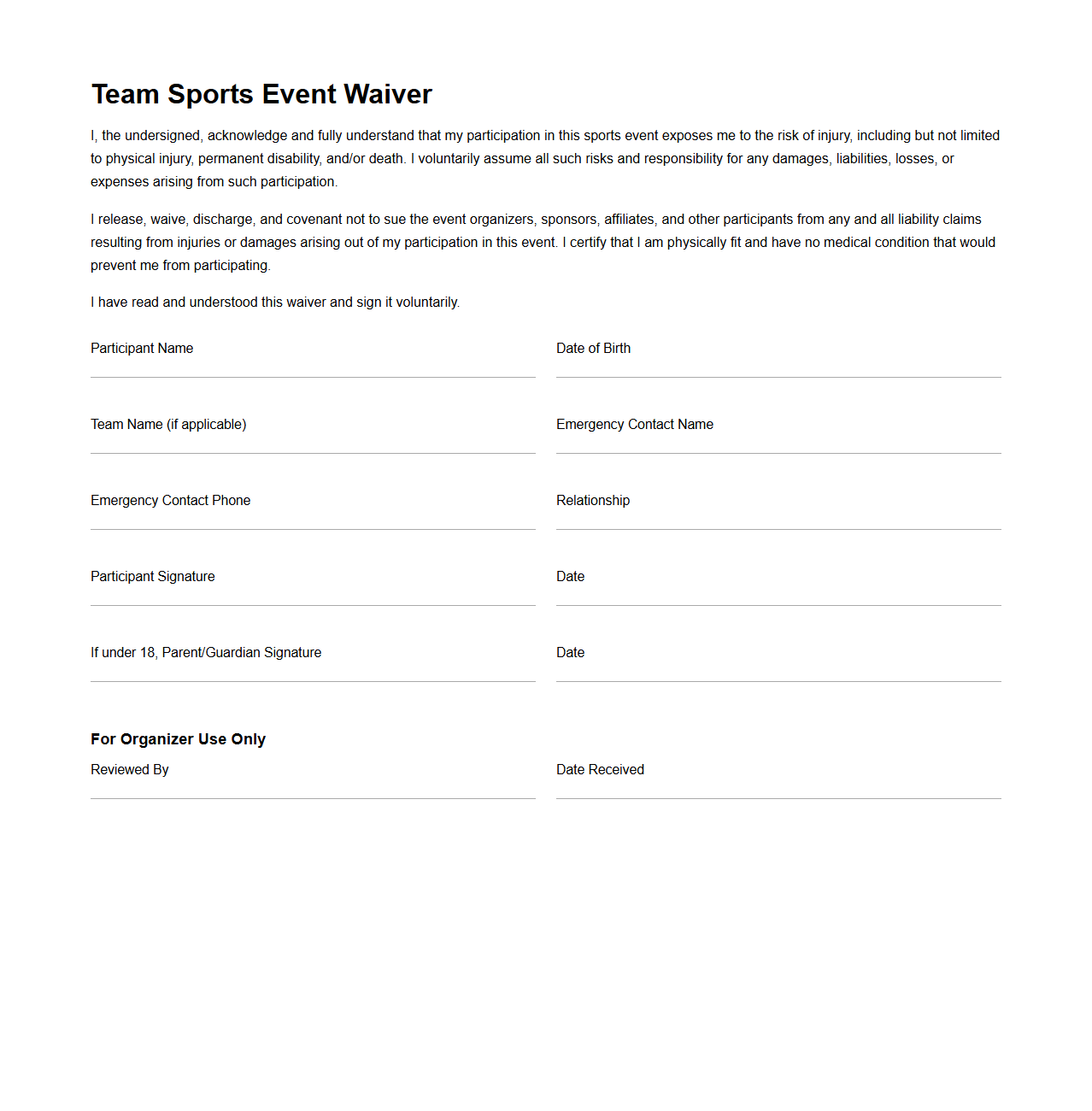 Blank Team Sports Event Waiver Template