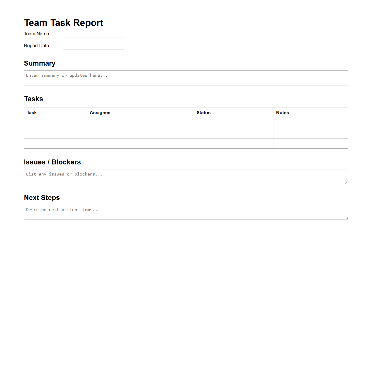 Blank Team Task Report Template
