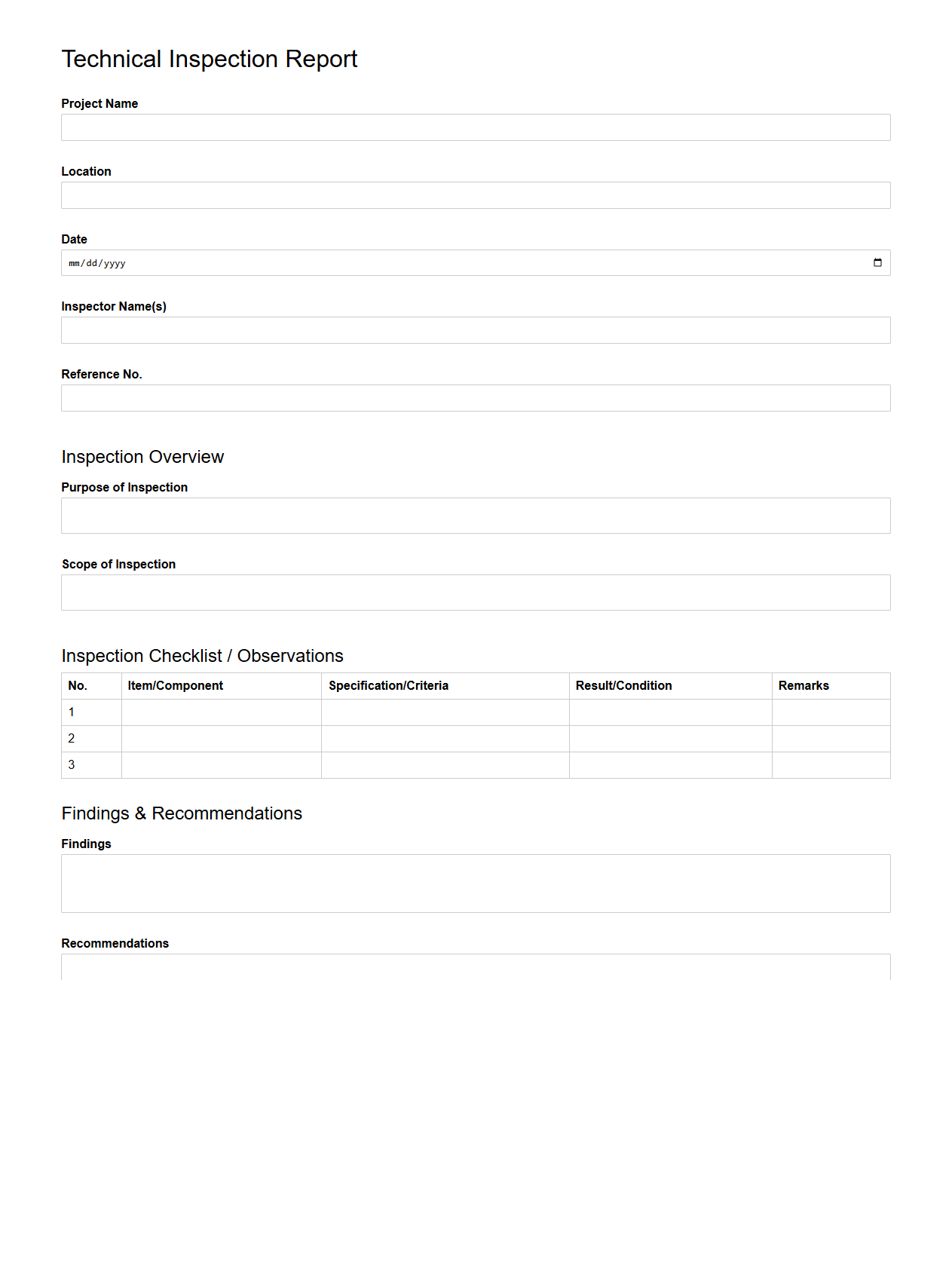 Blank Technical Inspection Report Template