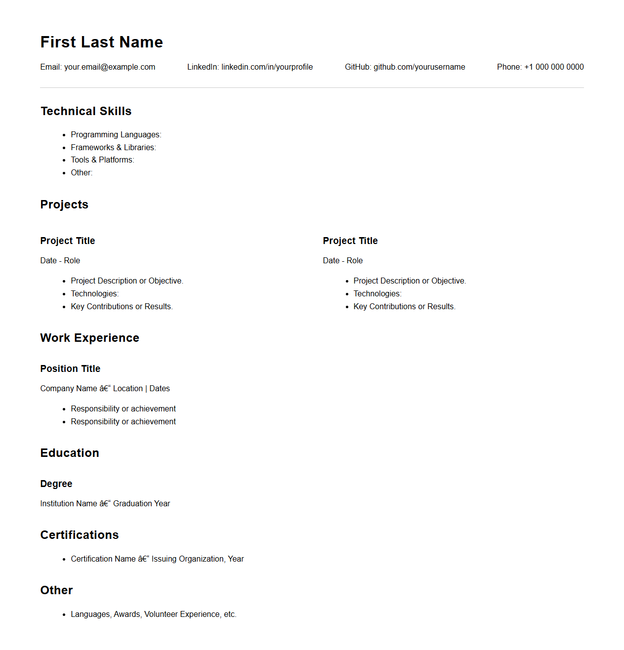 Blank Technical Project Skills Resume Blueprint