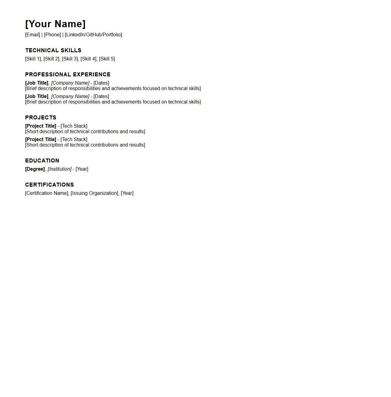 Blank Technical Skills-Focused Resume Format