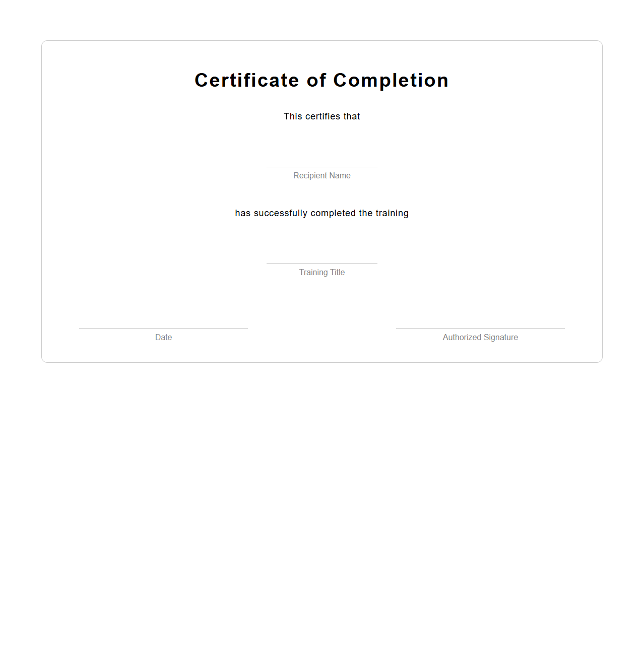 Blank Training Completion Certificate Template
