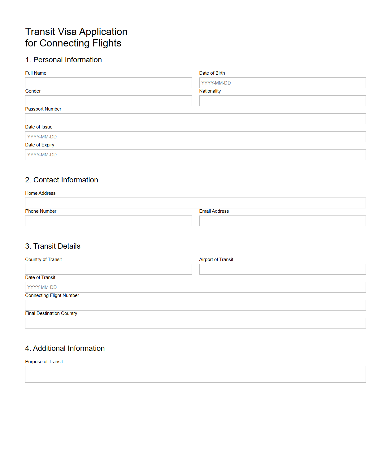 Blank Transit Visa Application Template for Connecting Flights