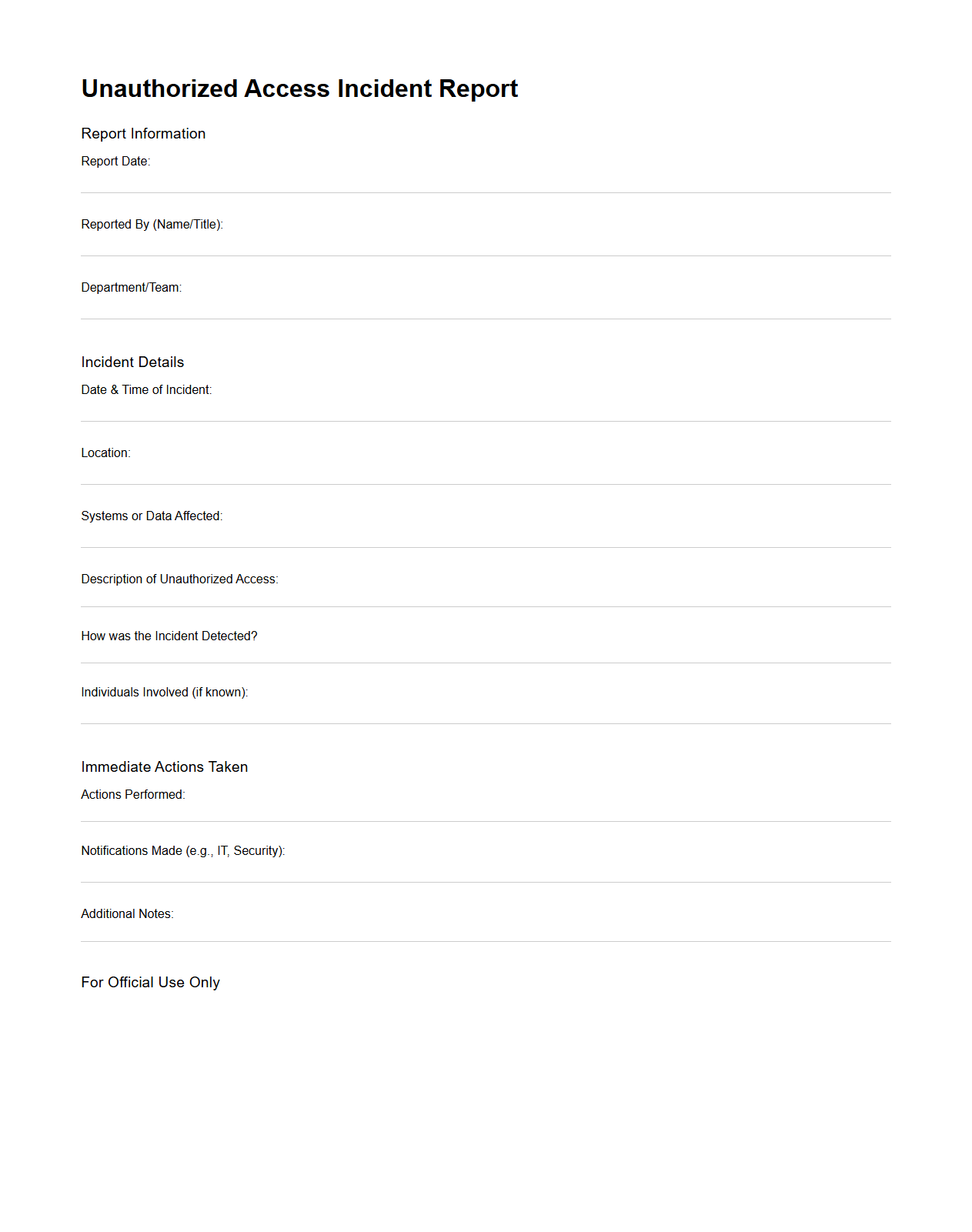 Blank Unauthorized Access Incident Report Template