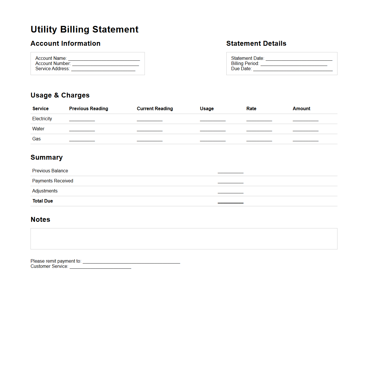 Blank Utility Billing Statement Format