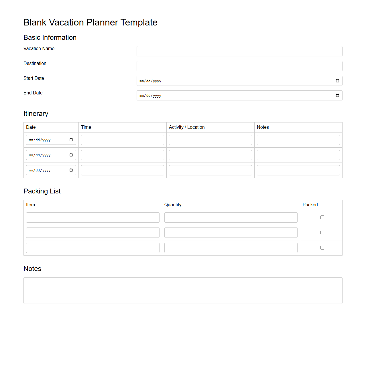 Blank Vacation Planner Template