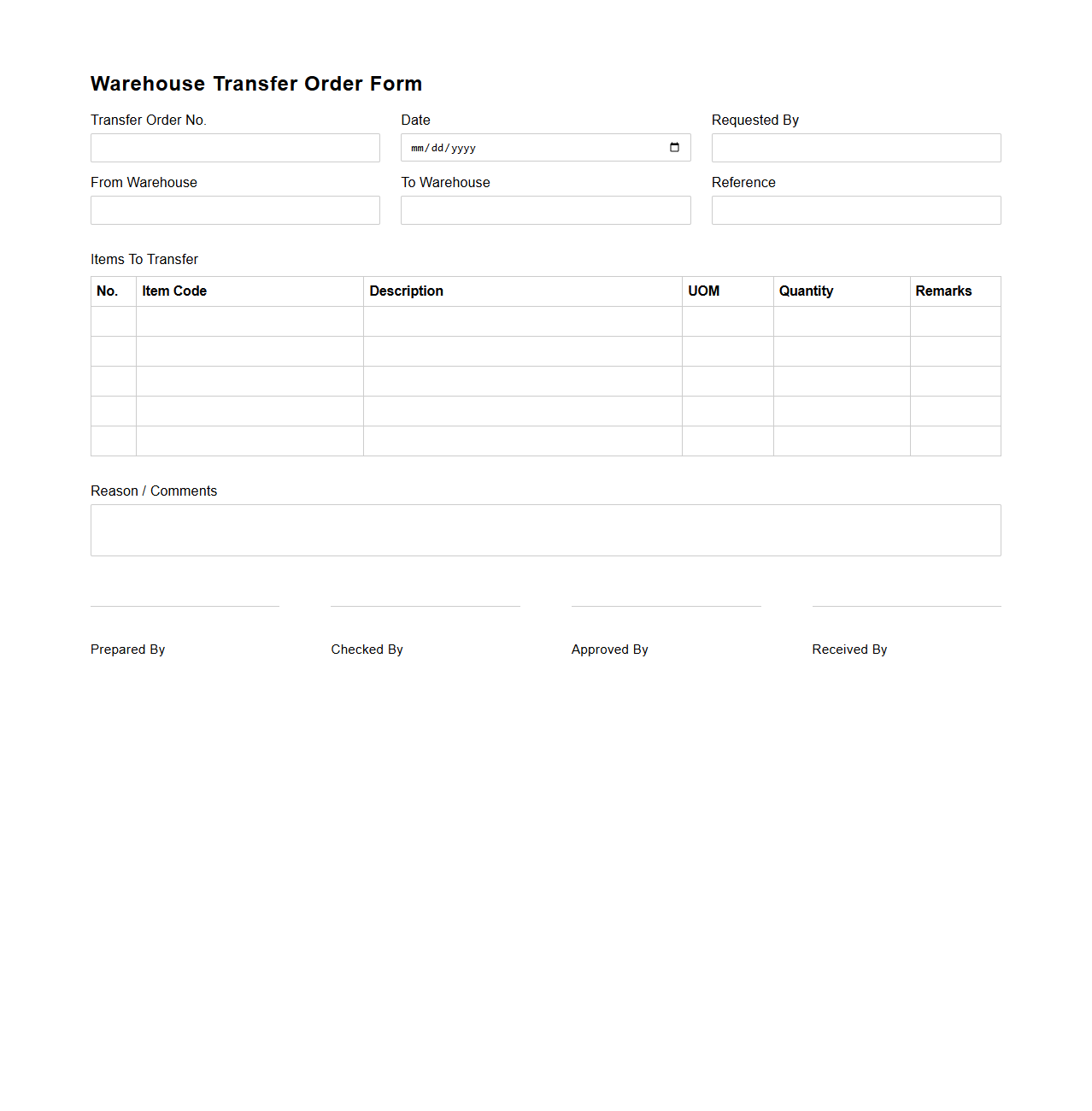 Blank Warehouse Transfer Order Form