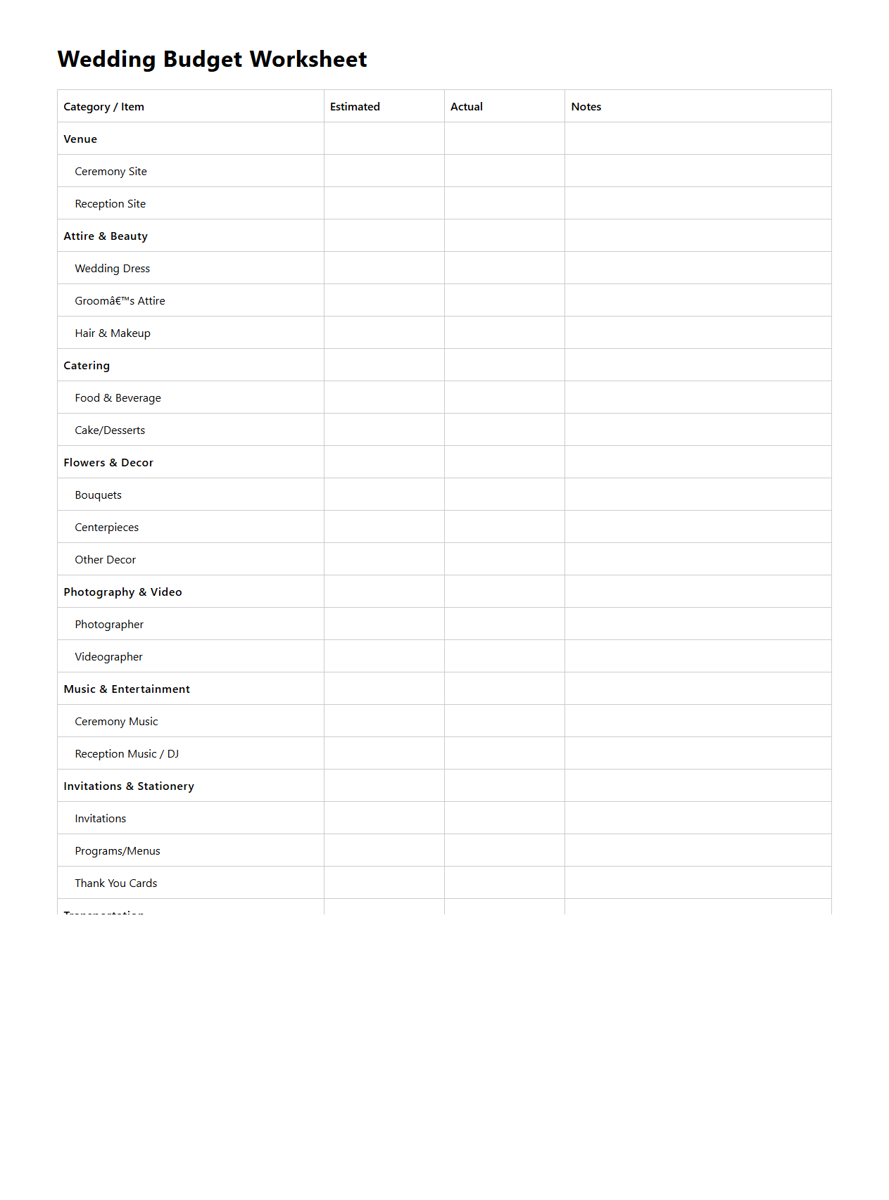 Blank Wedding Budget Worksheet for Planners