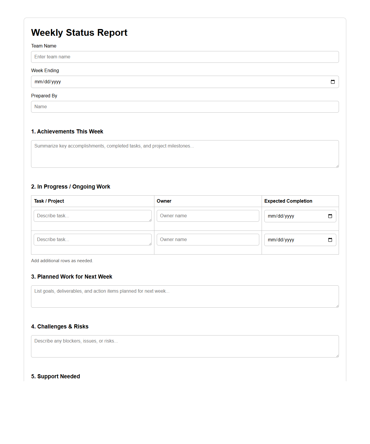 Blank Weekly Status Report Template for Teams