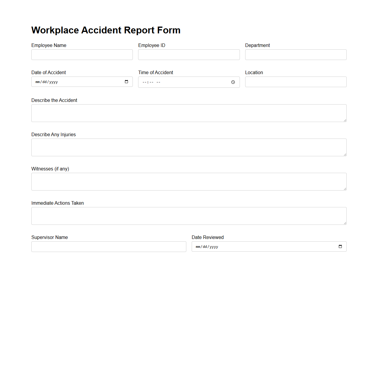 Blank Workplace Accident Report Form