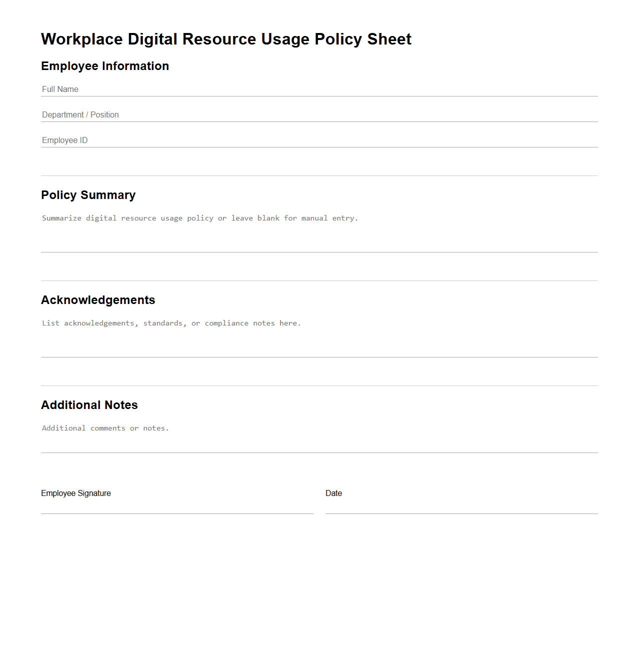 Blank Workplace Digital Resource Usage Policy Sheet