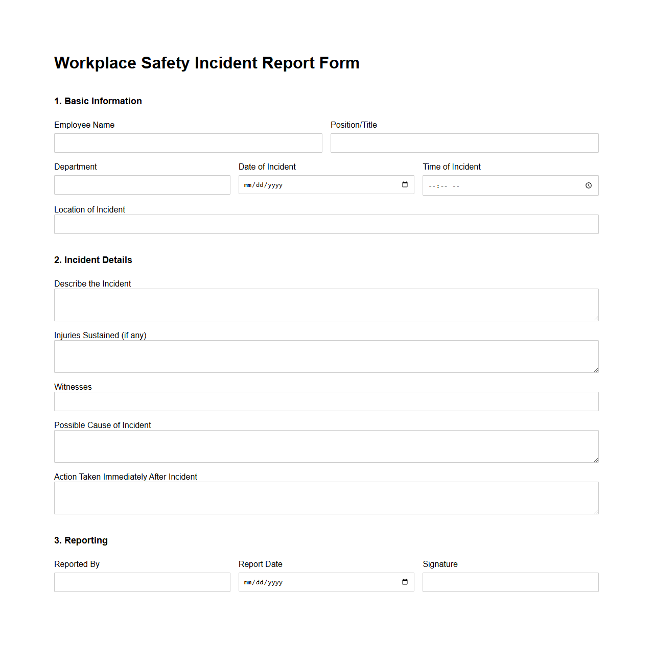 Blank Workplace Safety Incident Report Form