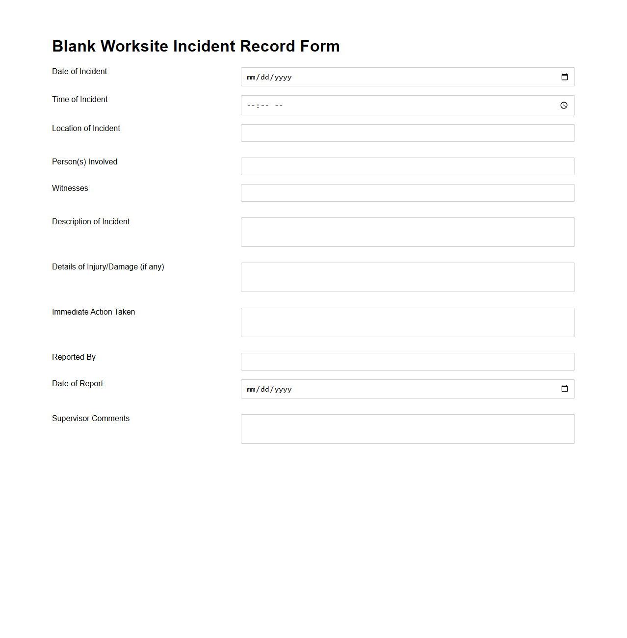 Blank Worksite Incident Record Form