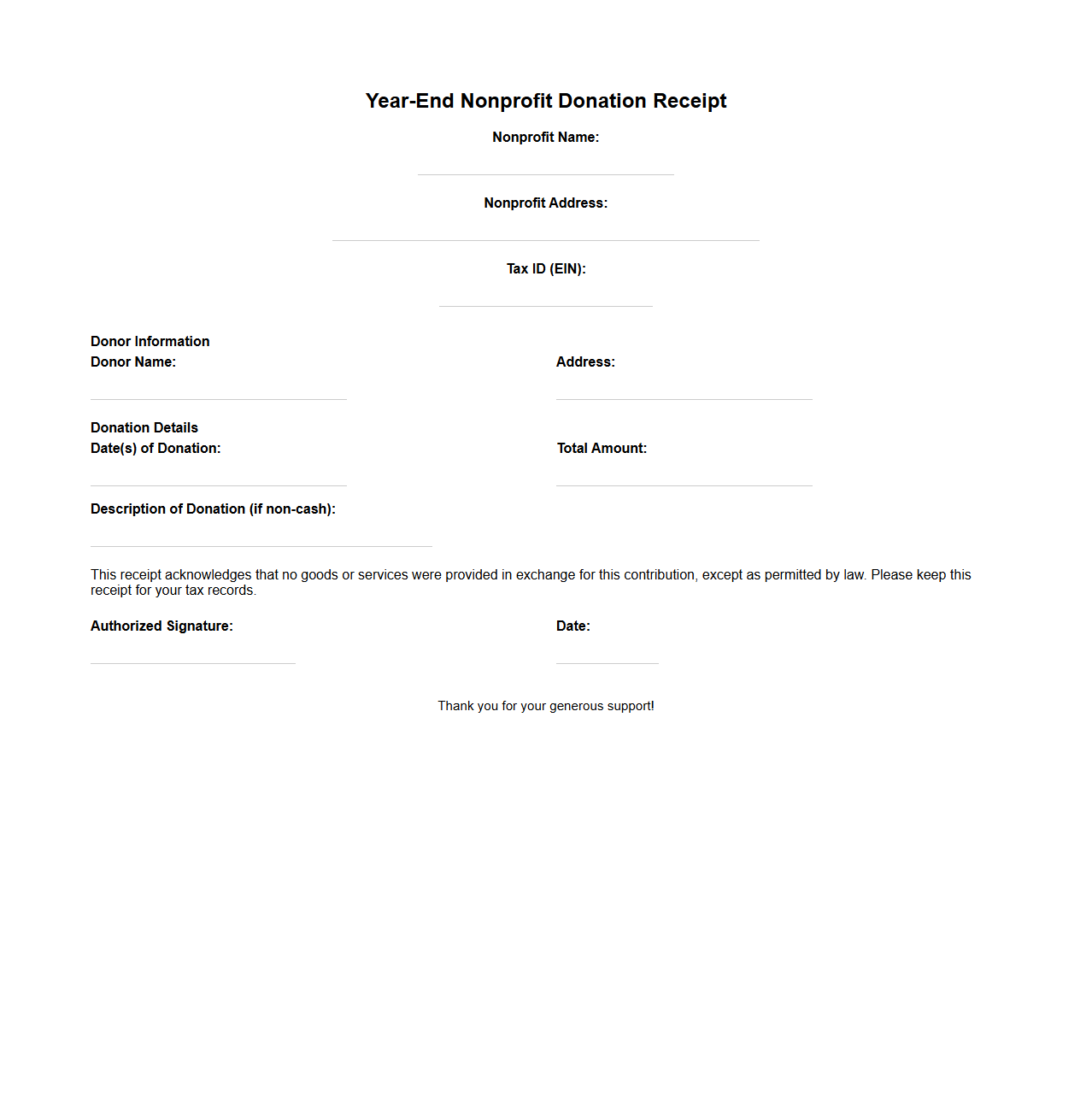 Blank Year-End Nonprofit Donation Receipt Template