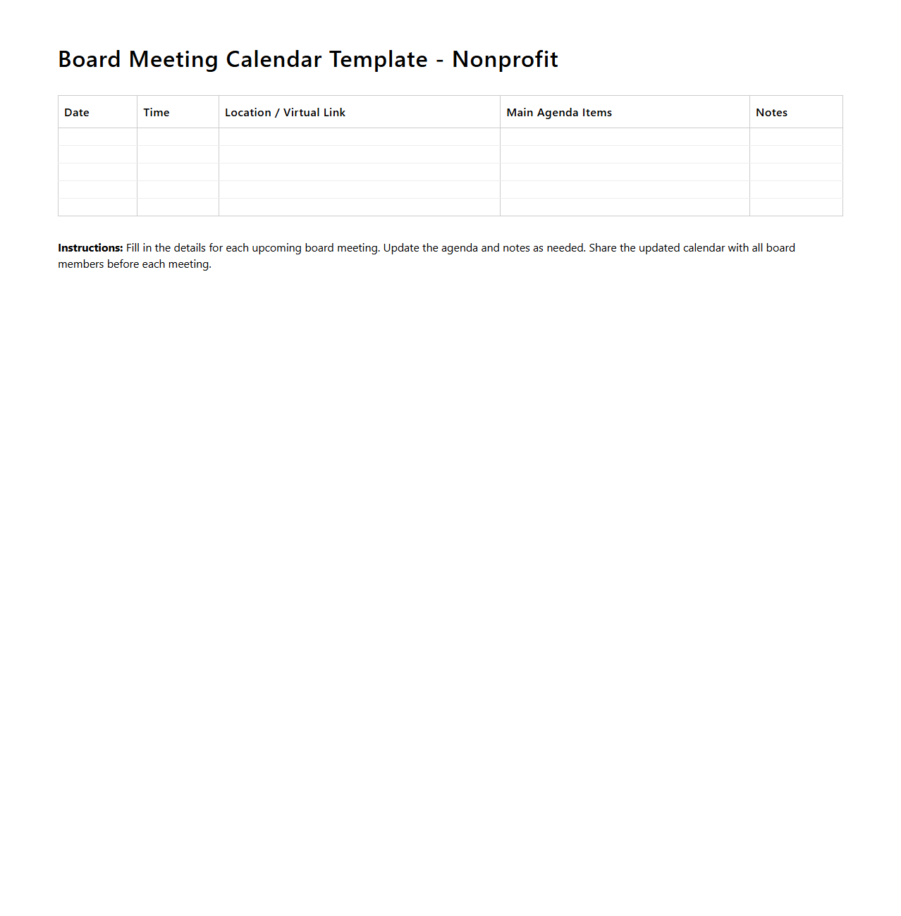 Board Meeting Calendar Template for Nonprofits