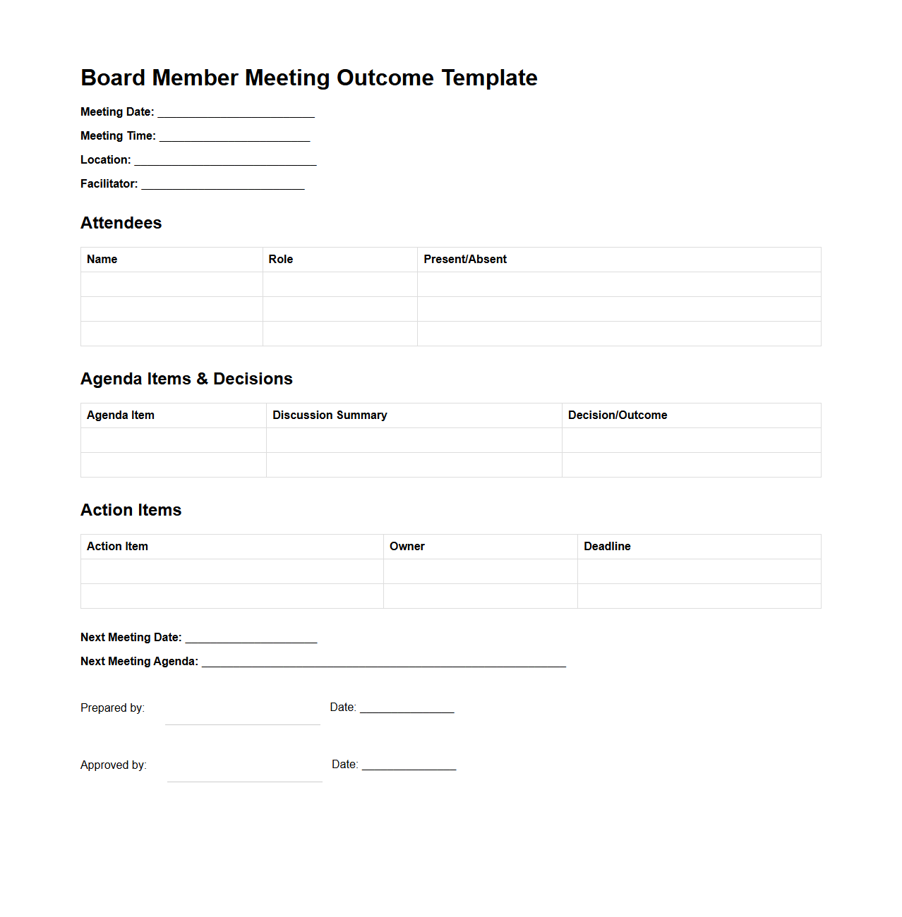 Board Member Meeting Outcome Template