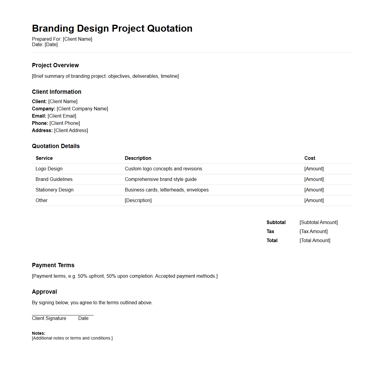 Branding Design Project Quotation Page