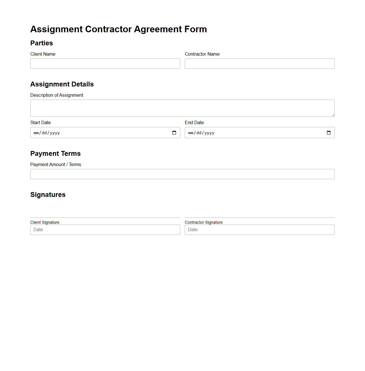 Brief Assignment Contractor Agreement Form