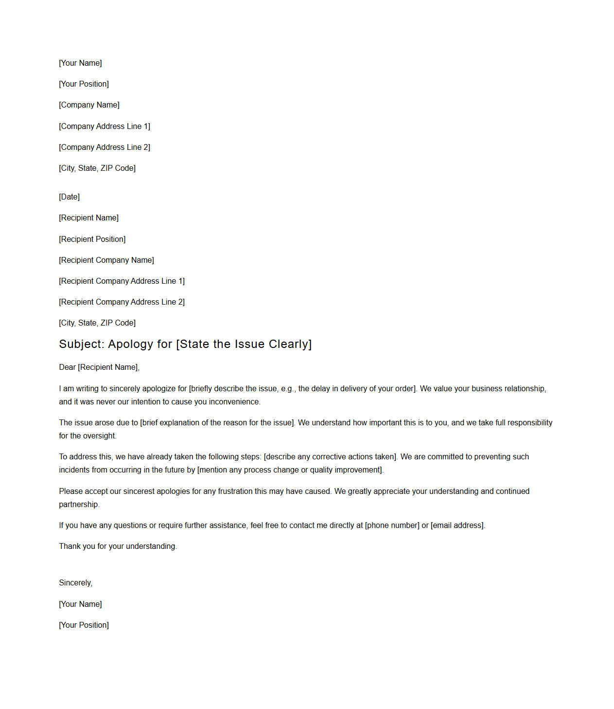 Business Apology Letter Format