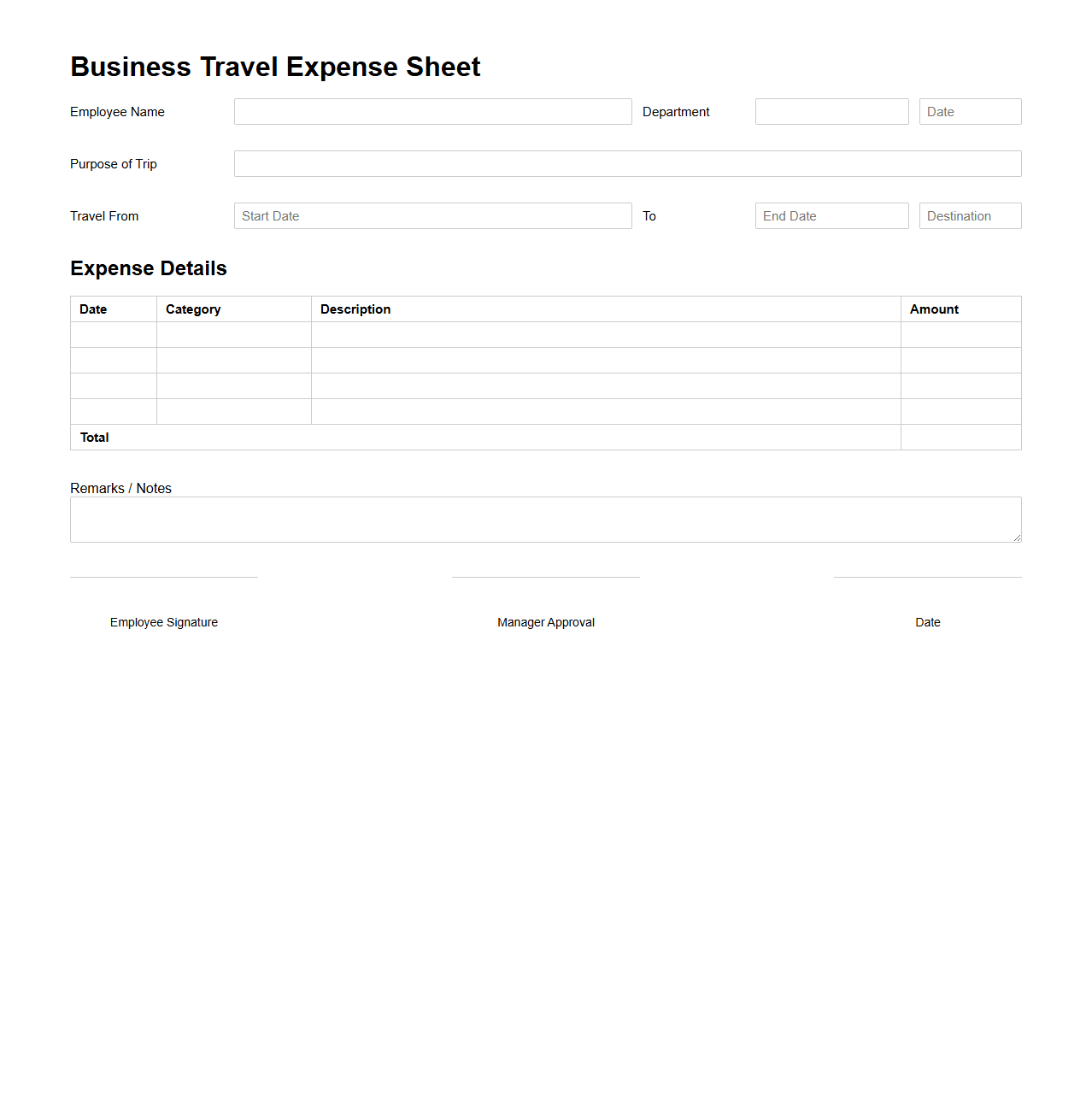 Business Travel Expense Sheet Template