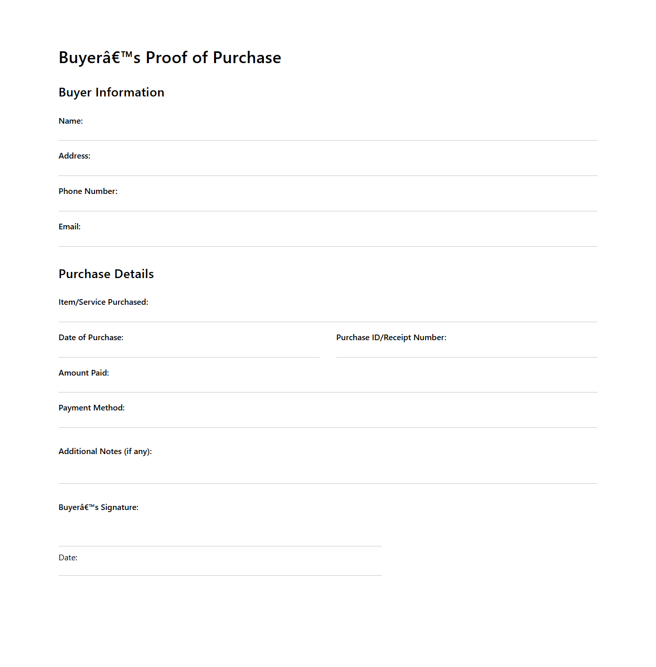 Buyer’s Proof of Purchase Document