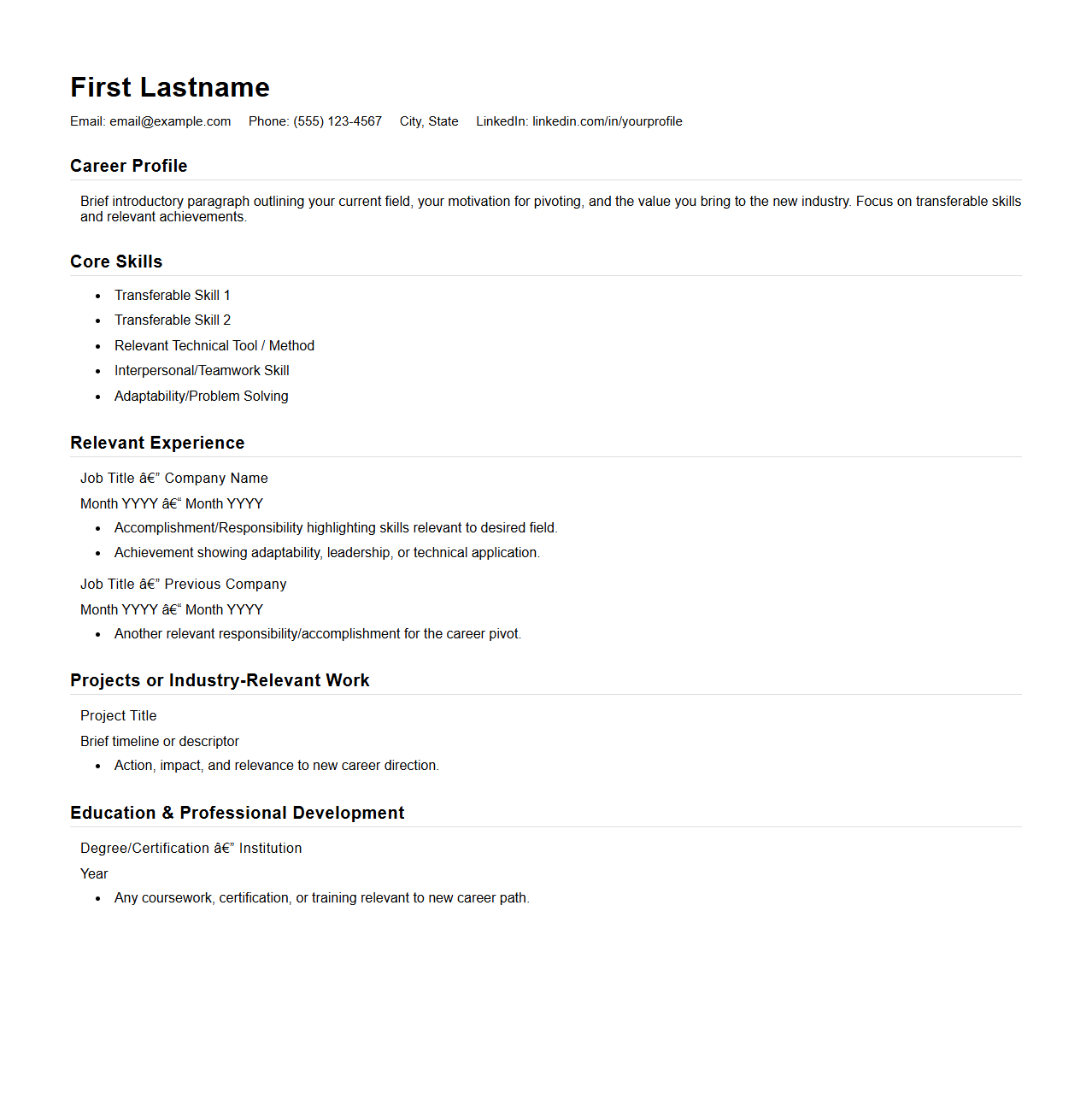 Career Pivot Resume Structure