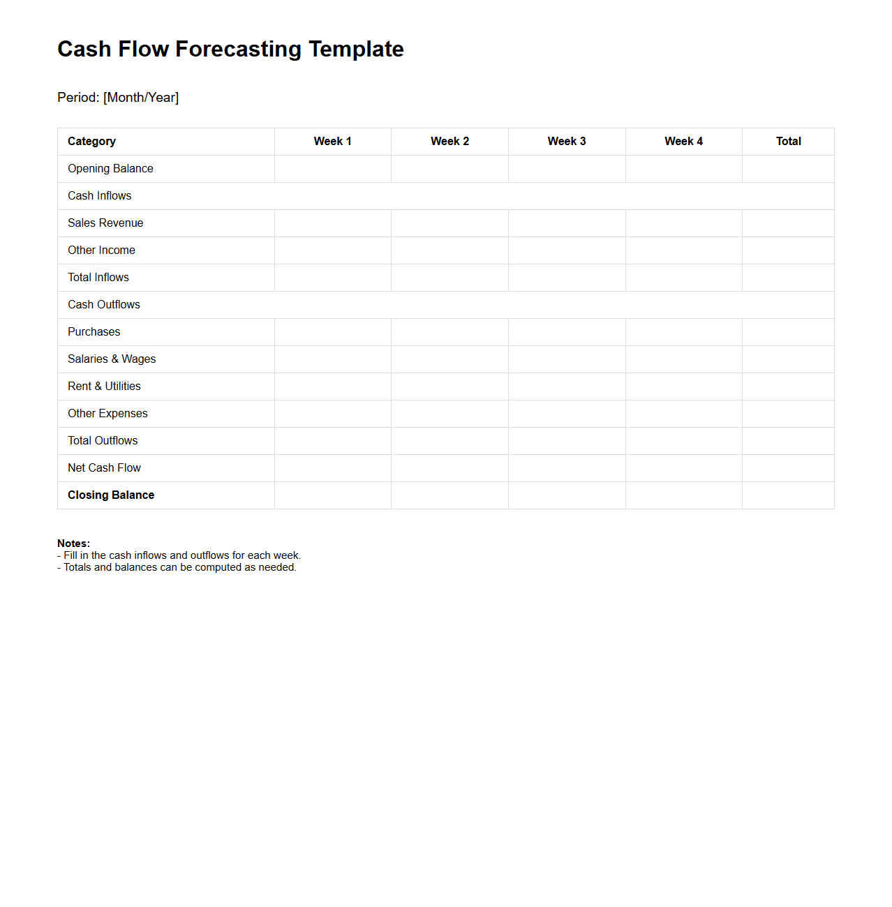 Cash Flow Forecasting Template