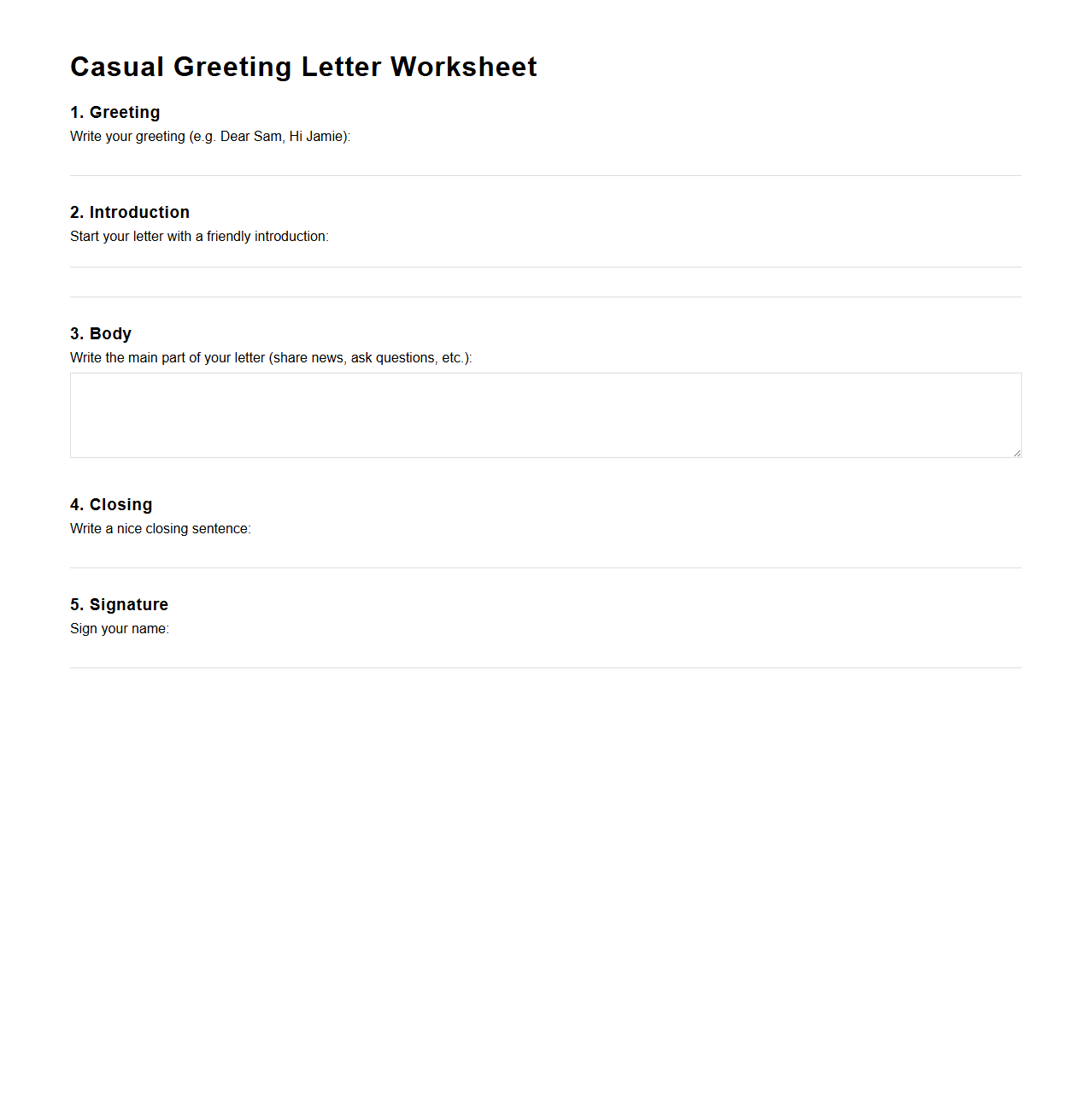 Casual Greeting Letter Worksheet