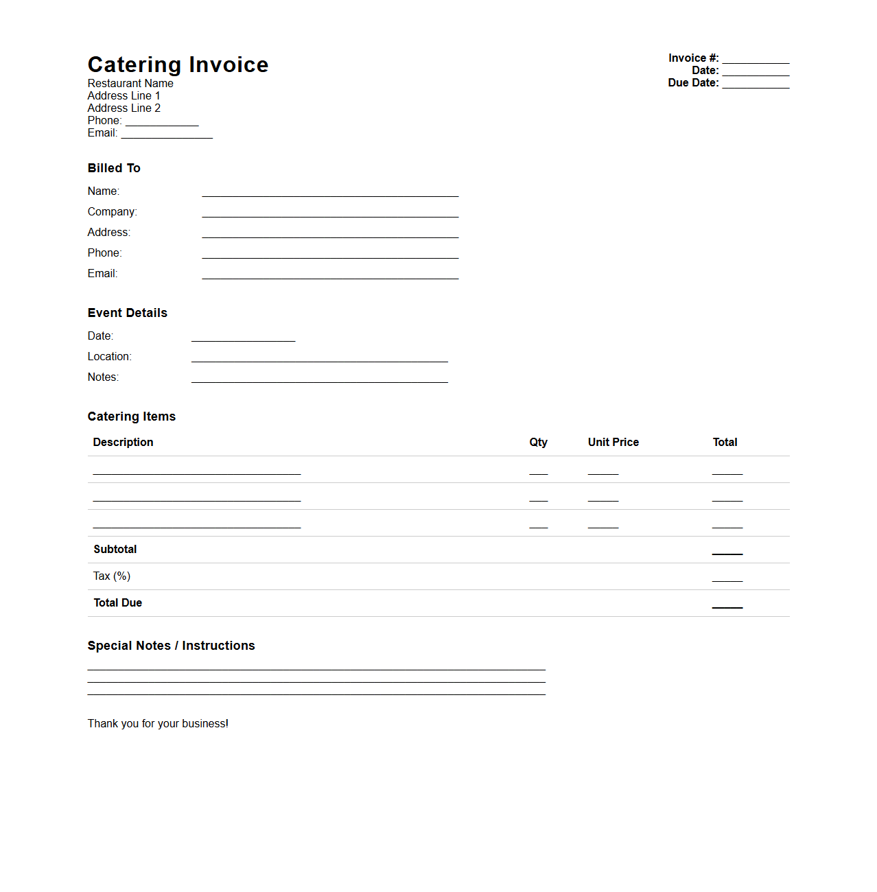 Catering Invoice Template for Restaurants