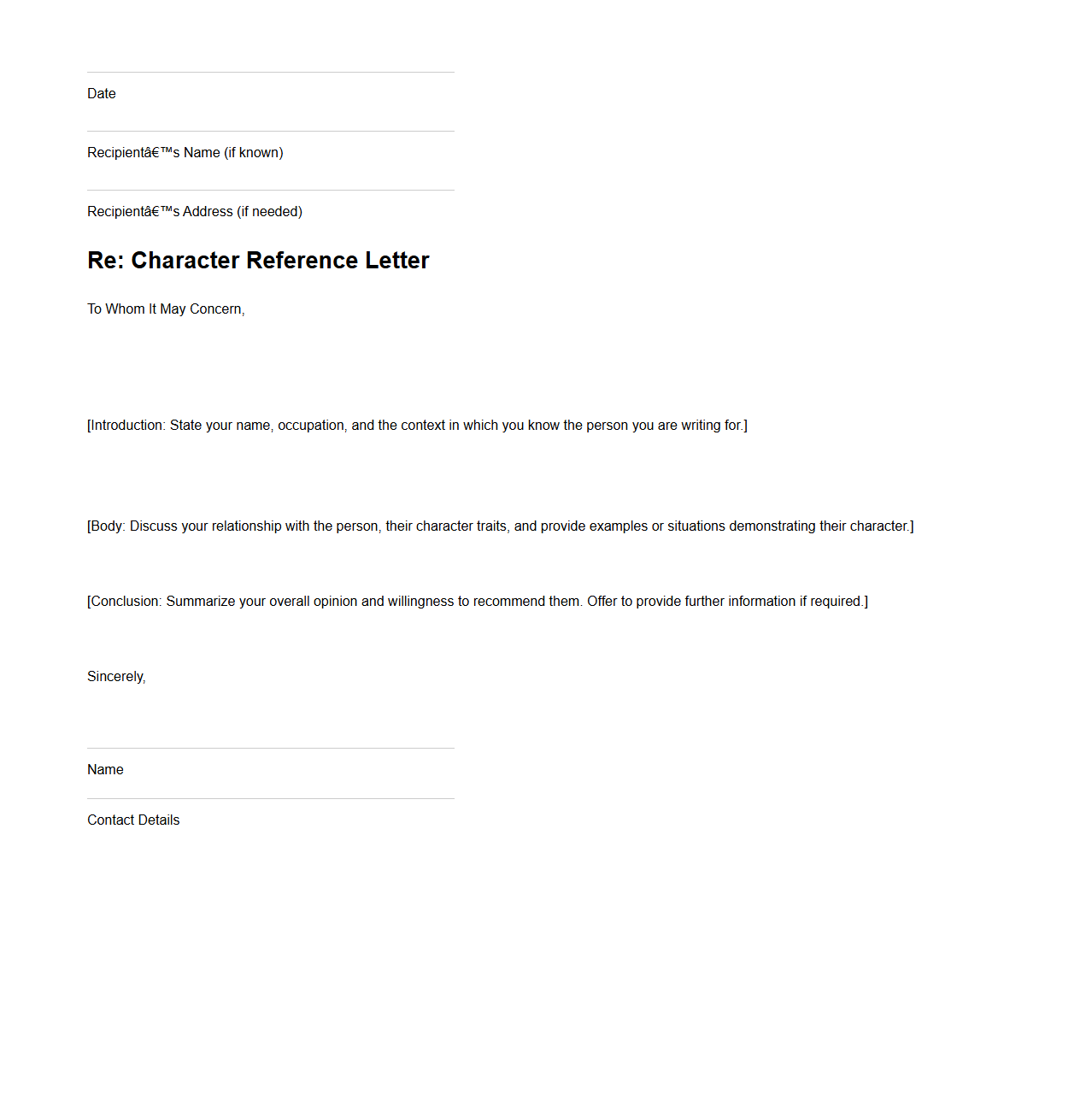 Character Reference Blank Letter Structure