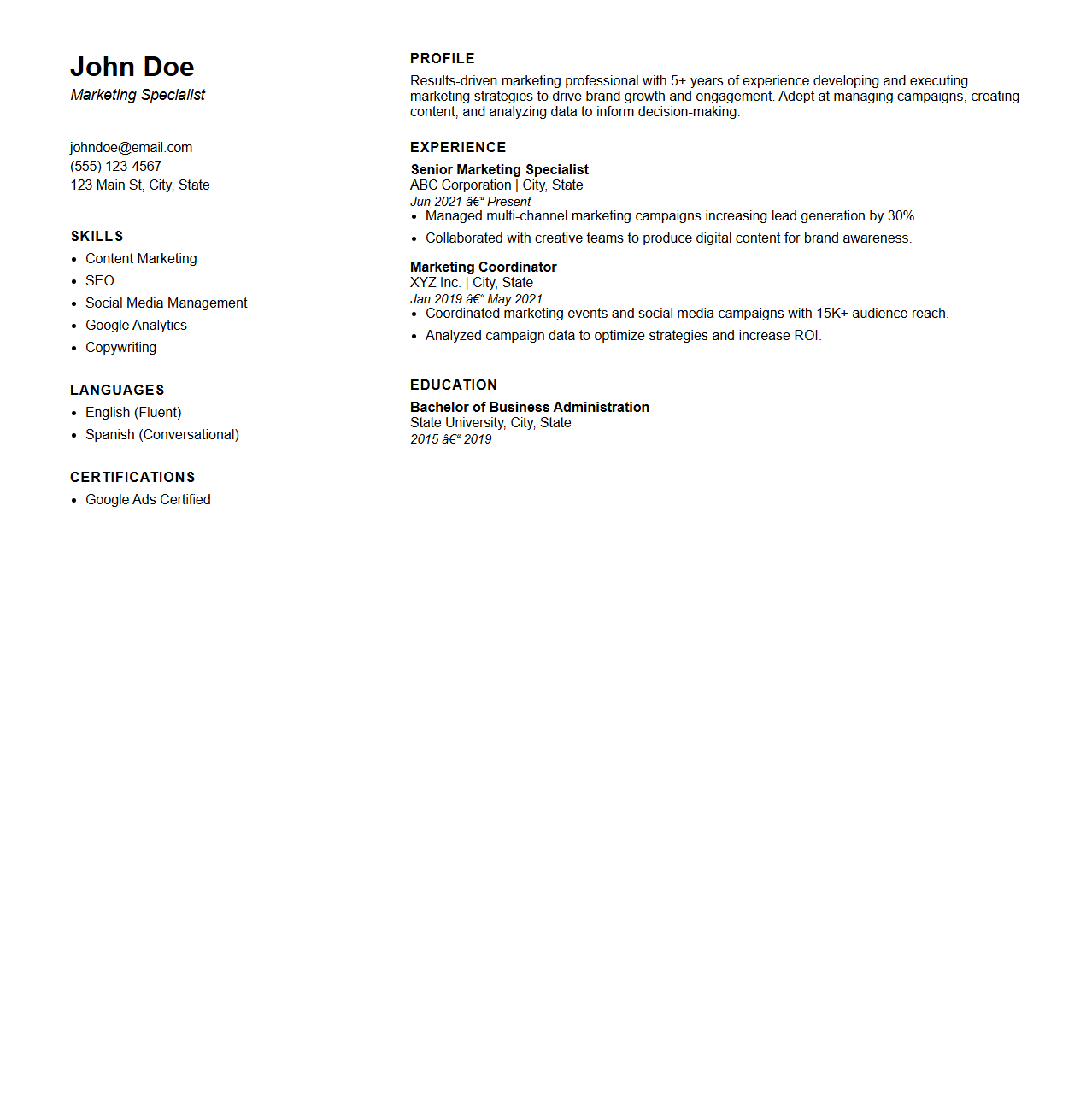 Classic Two-Column Resume Layout for Job Seekers