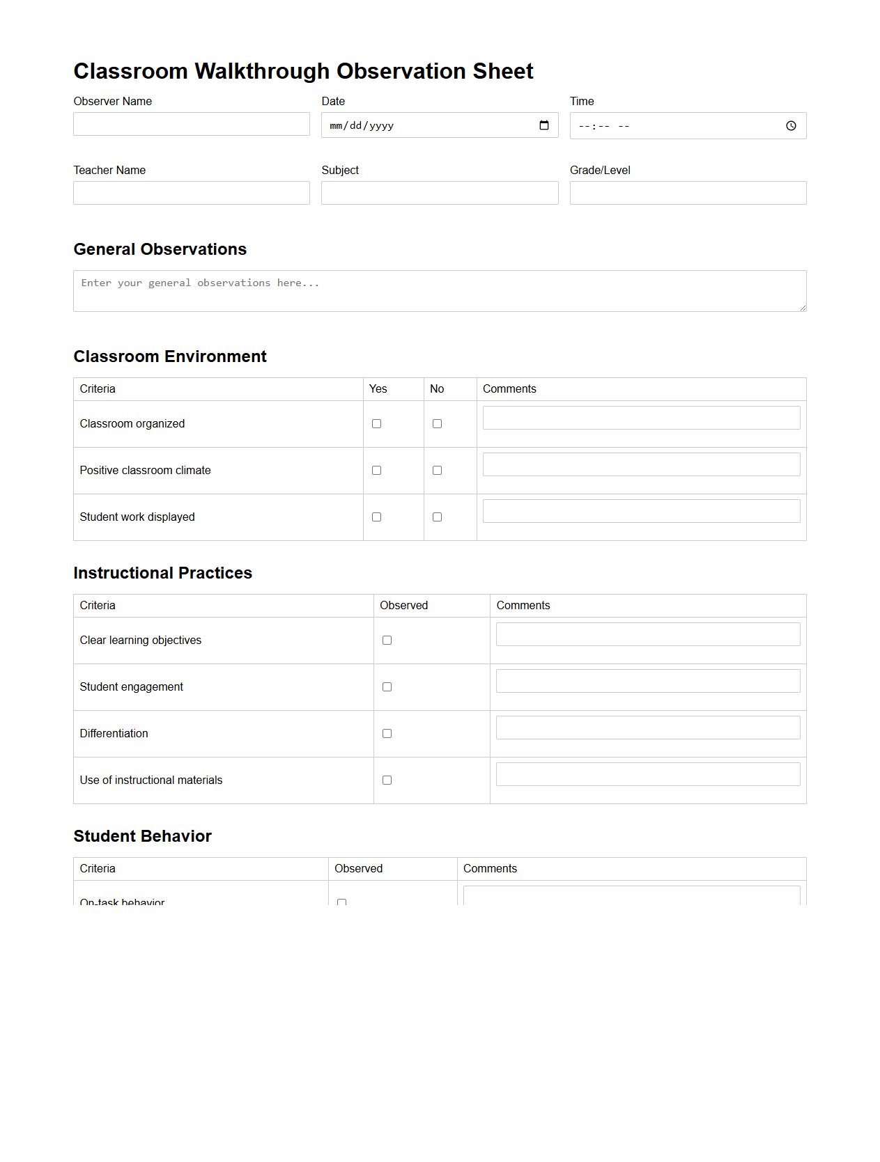 Classroom Walkthrough Observation Sheet