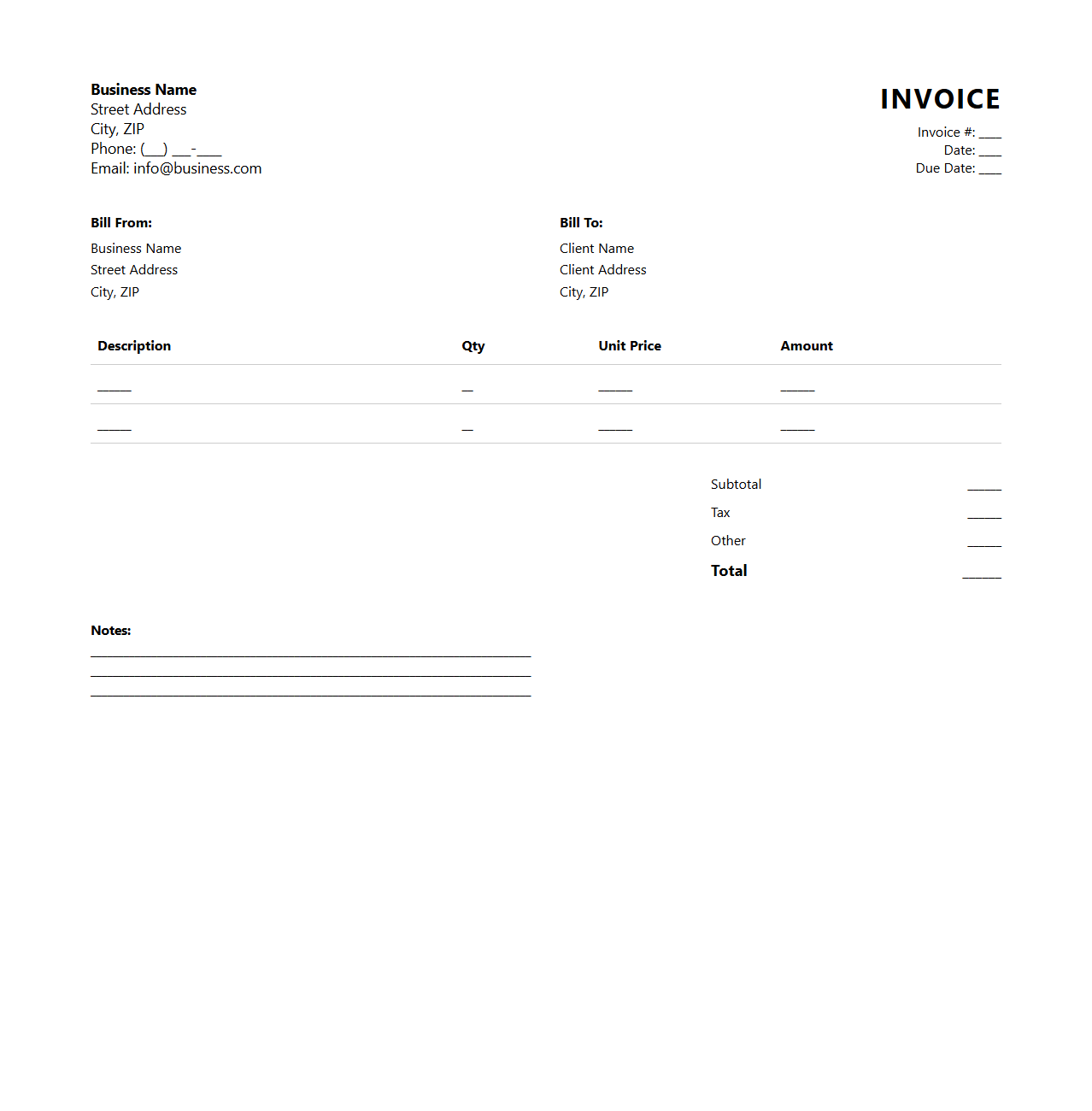 Clean Blank Invoice Receipt Layout for Business Invoicing