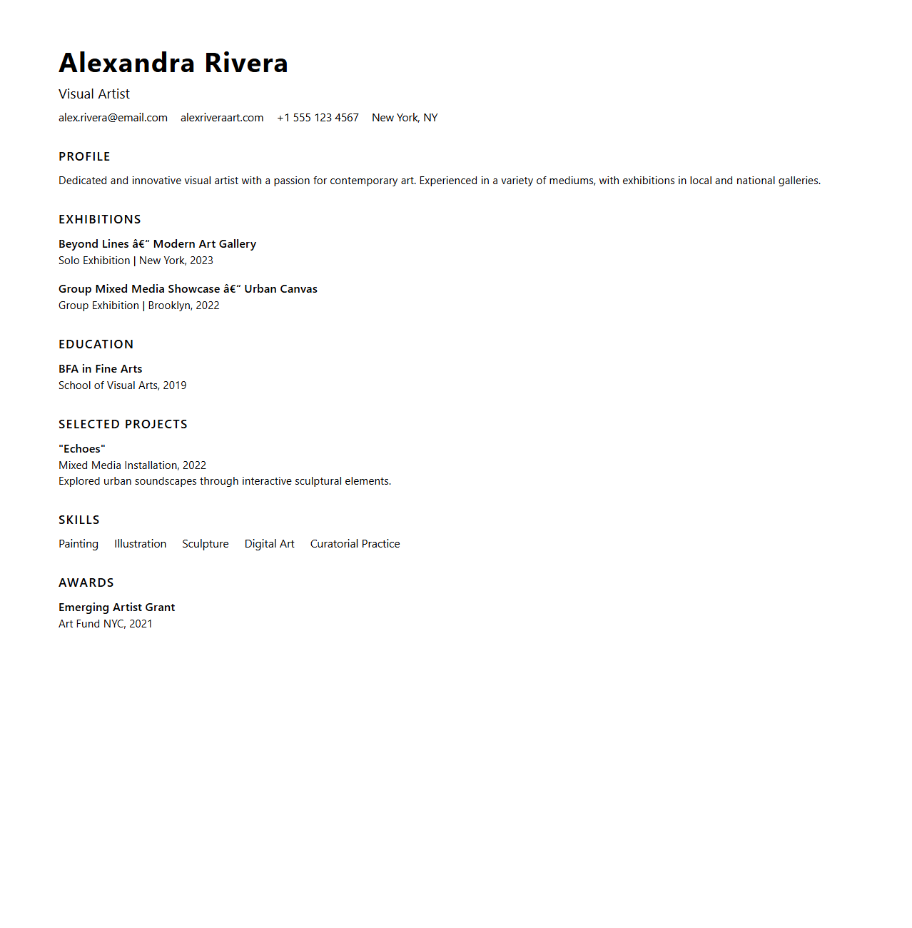 Clean Design Resume Blueprint for Artists