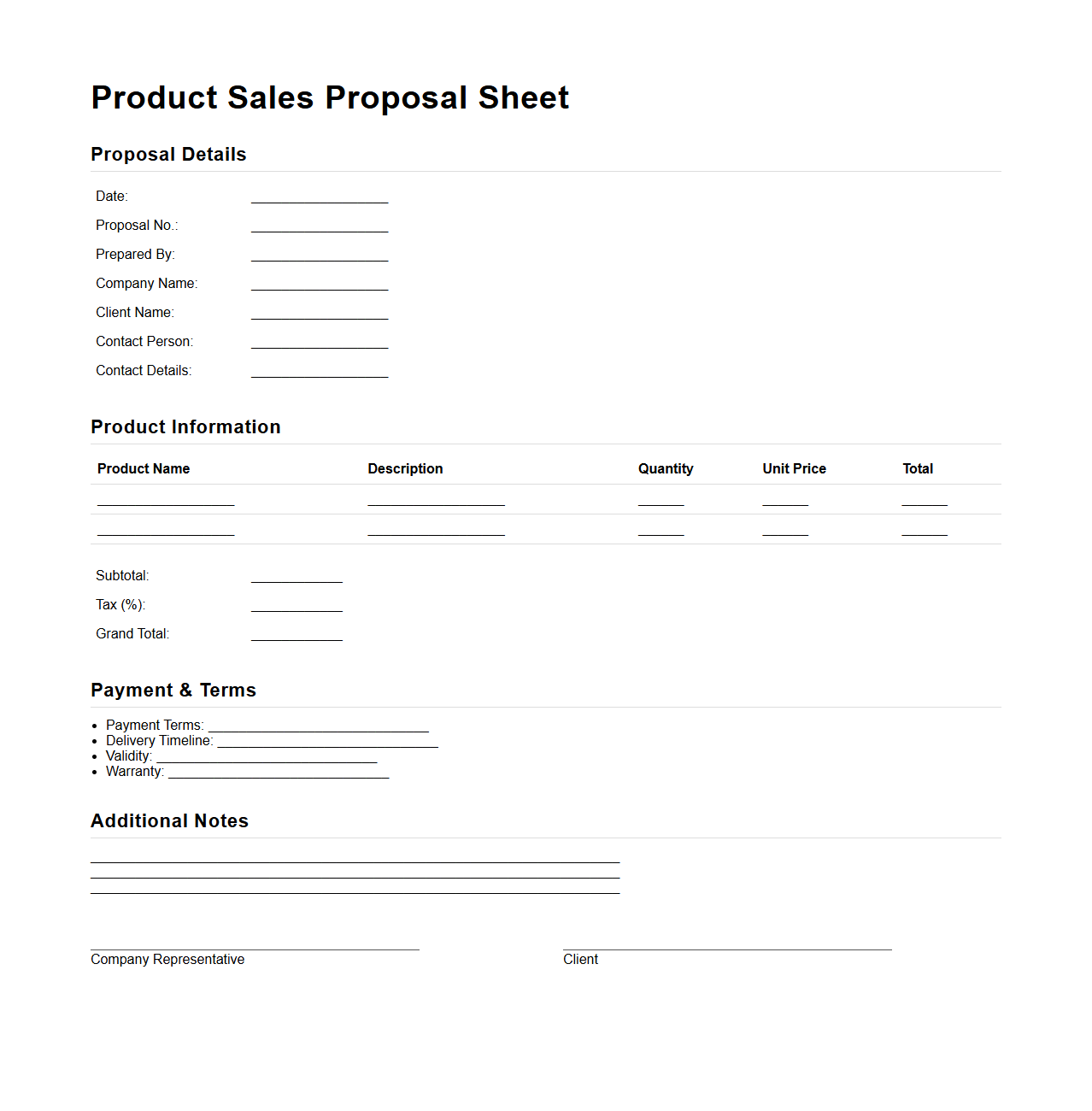 Clean Product Sales Proposal Sheet