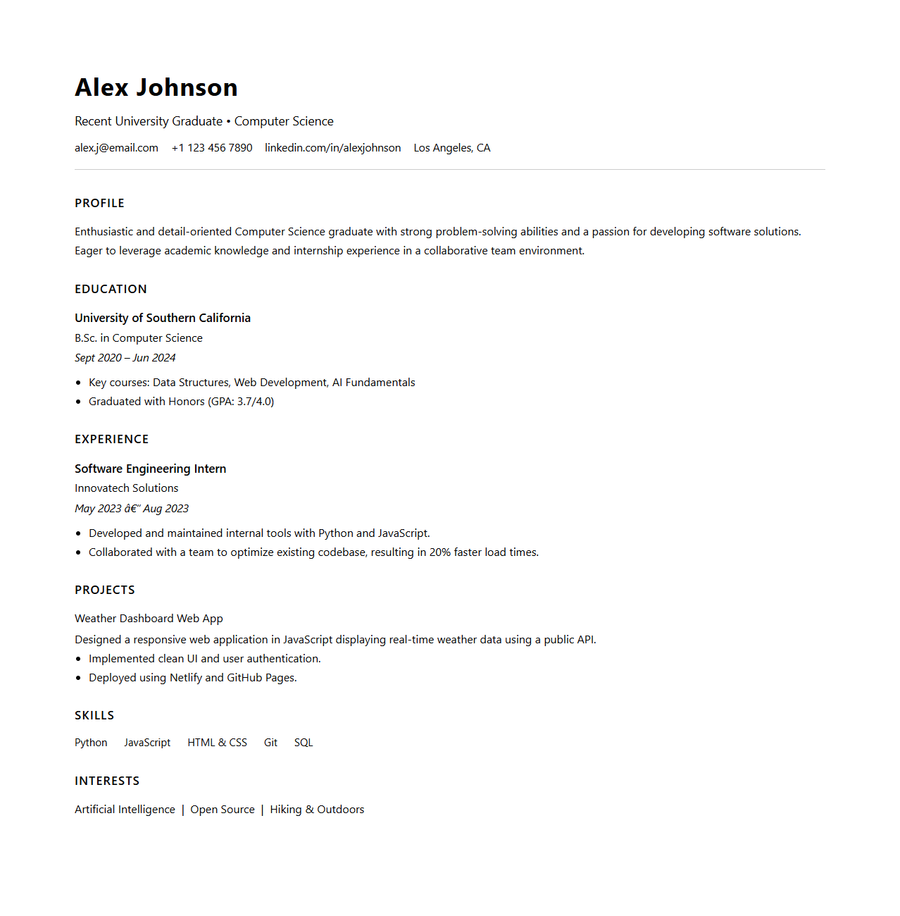 Clean Resume Design for University Leavers