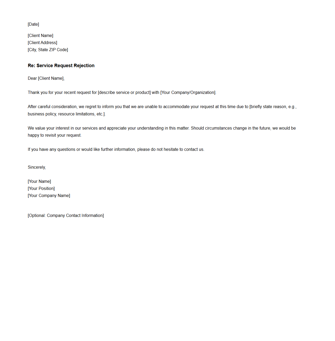 Client Service Rejection Letter Template