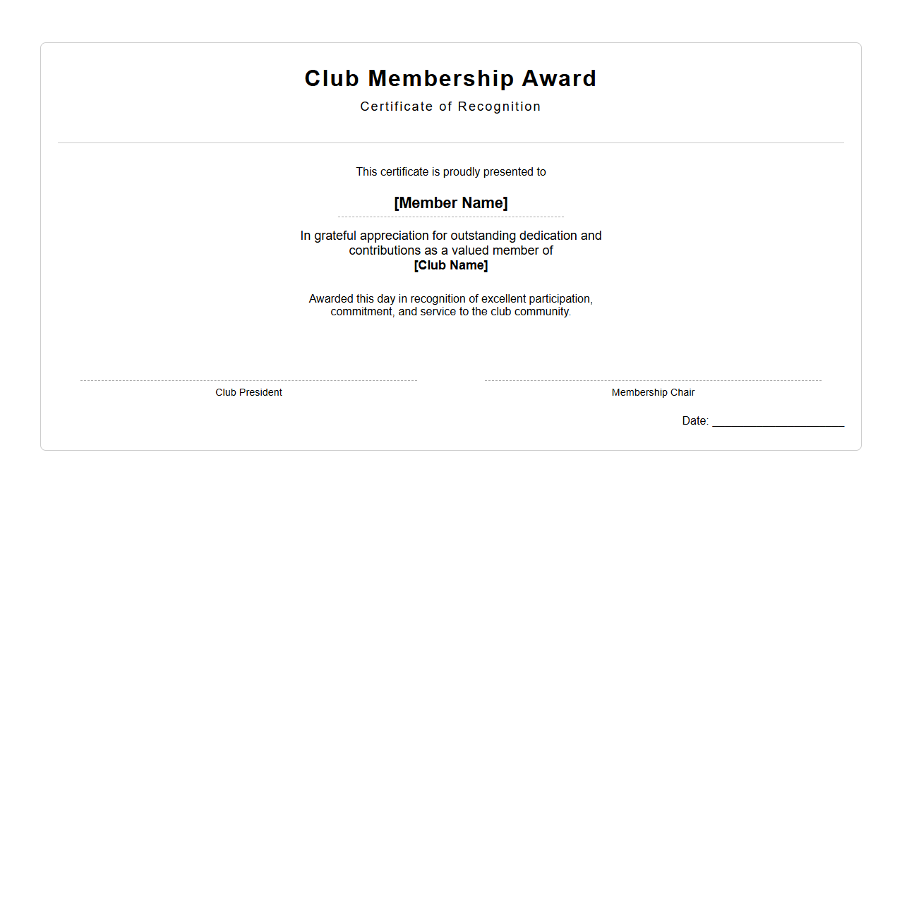 Club Membership Award Template