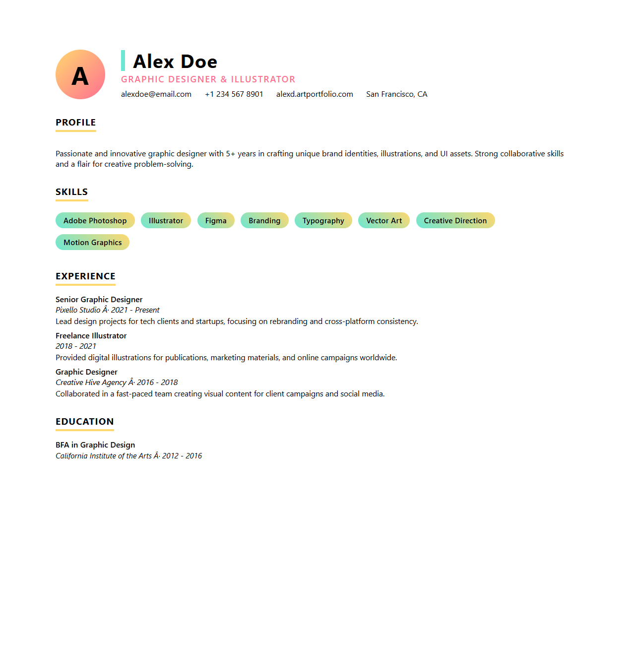 Colorful Resume Format for Creative Fields