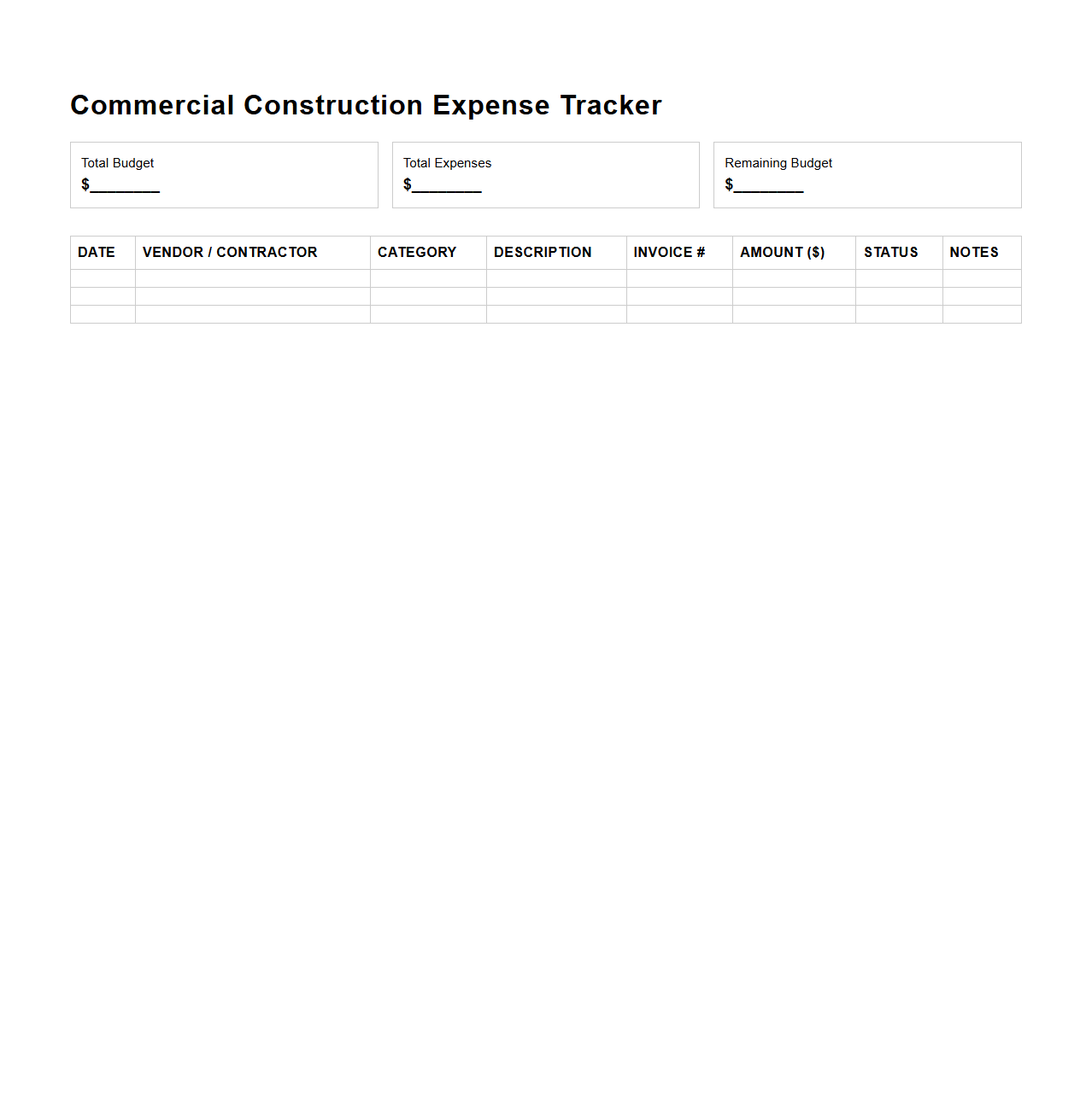 Commercial Construction Expense Tracker Template