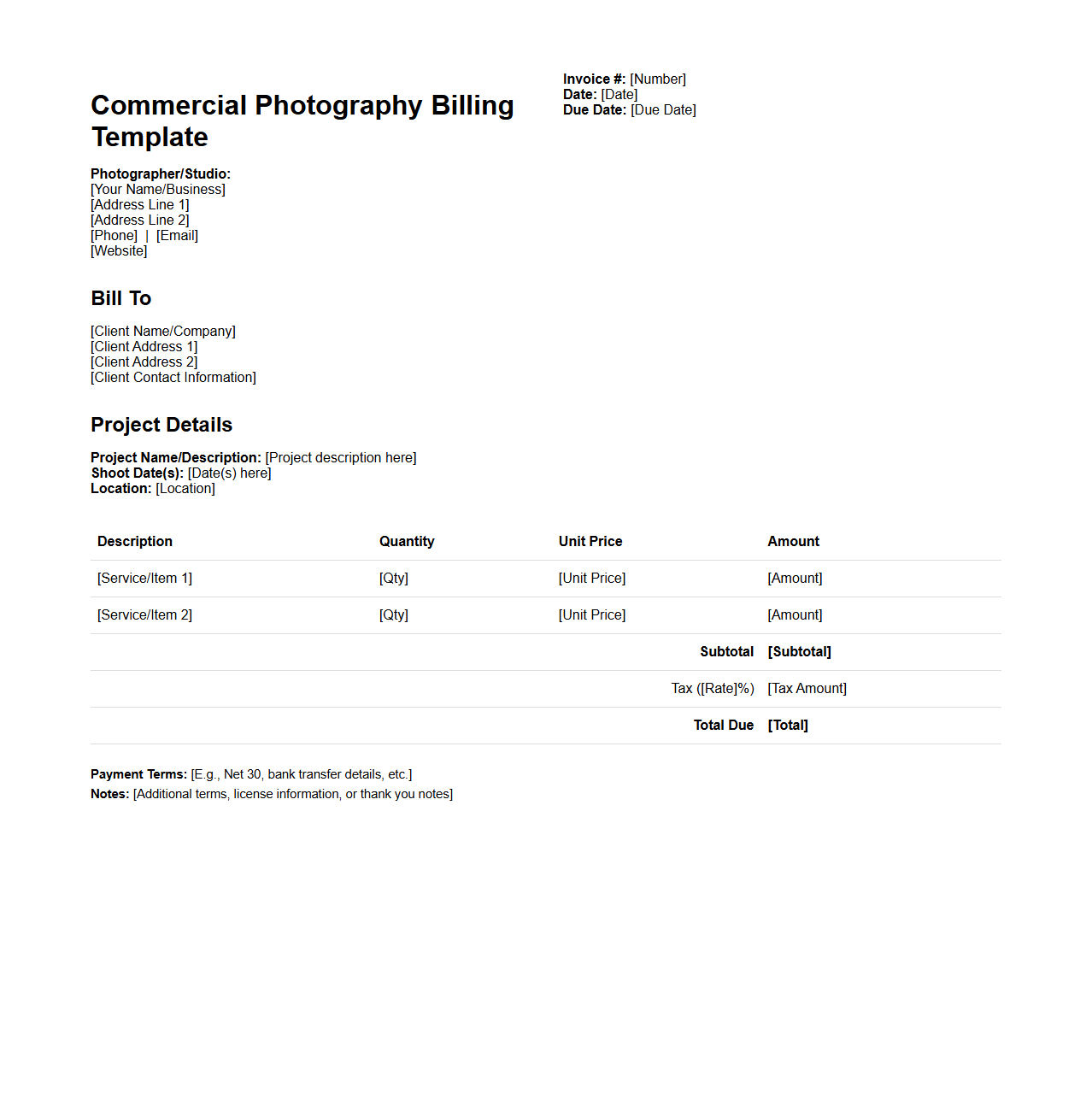 Commercial Photography Billing Template