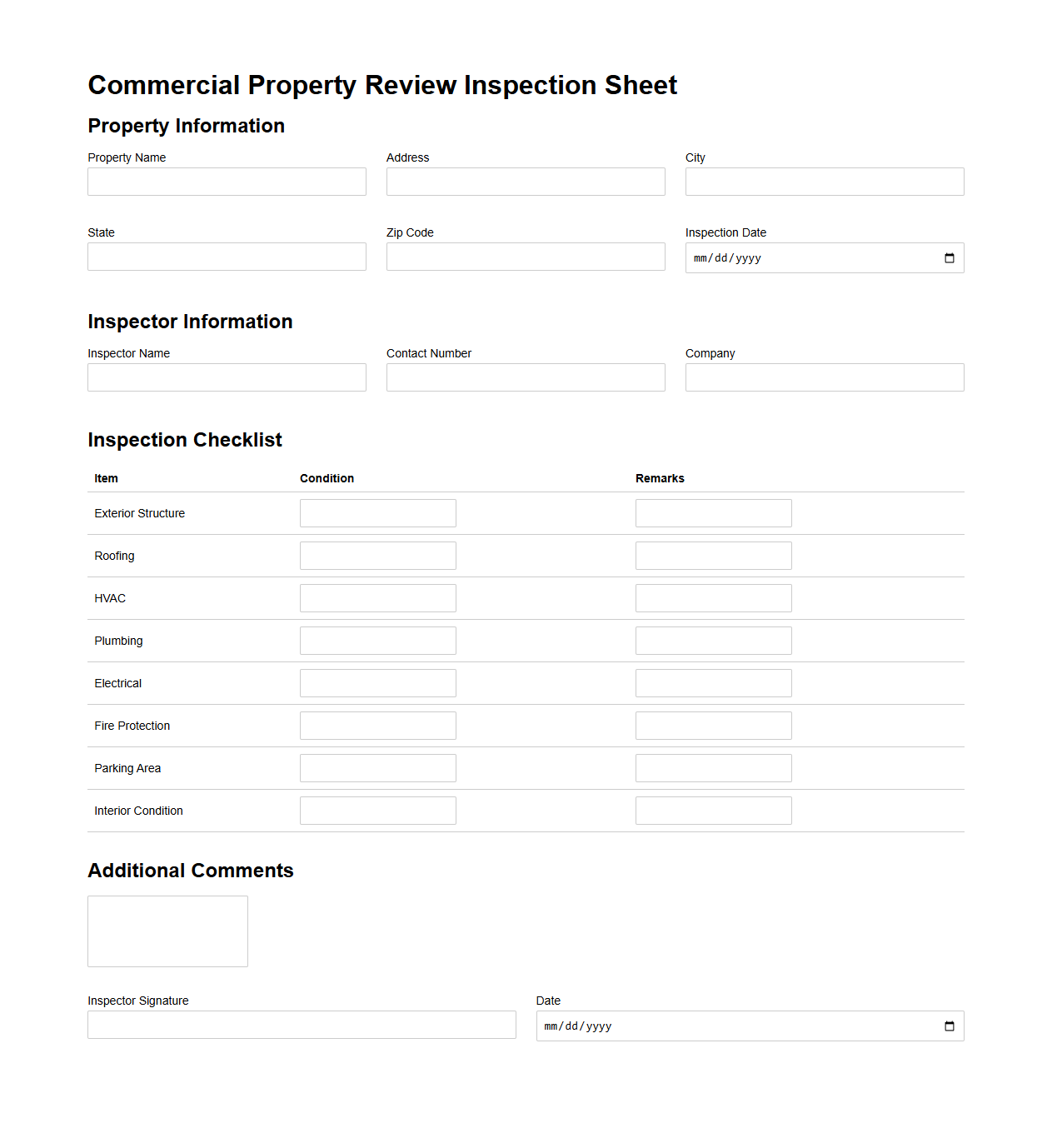 Commercial Property Review Inspection Sheet